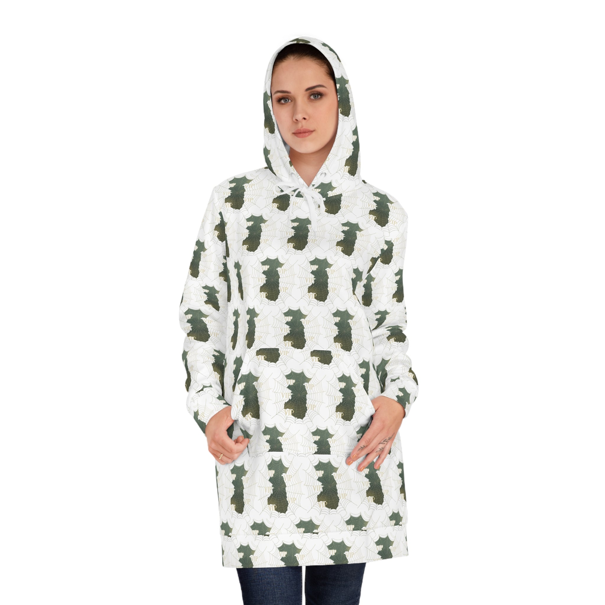 Hoodie Dress — Green Camo Teddy Bear All-Over Print Cozy Pullover
