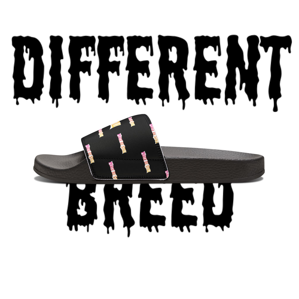 Slide Sandals — Black Printed "Peace & Shh" Straps, Removable‑Strap Pool Slides