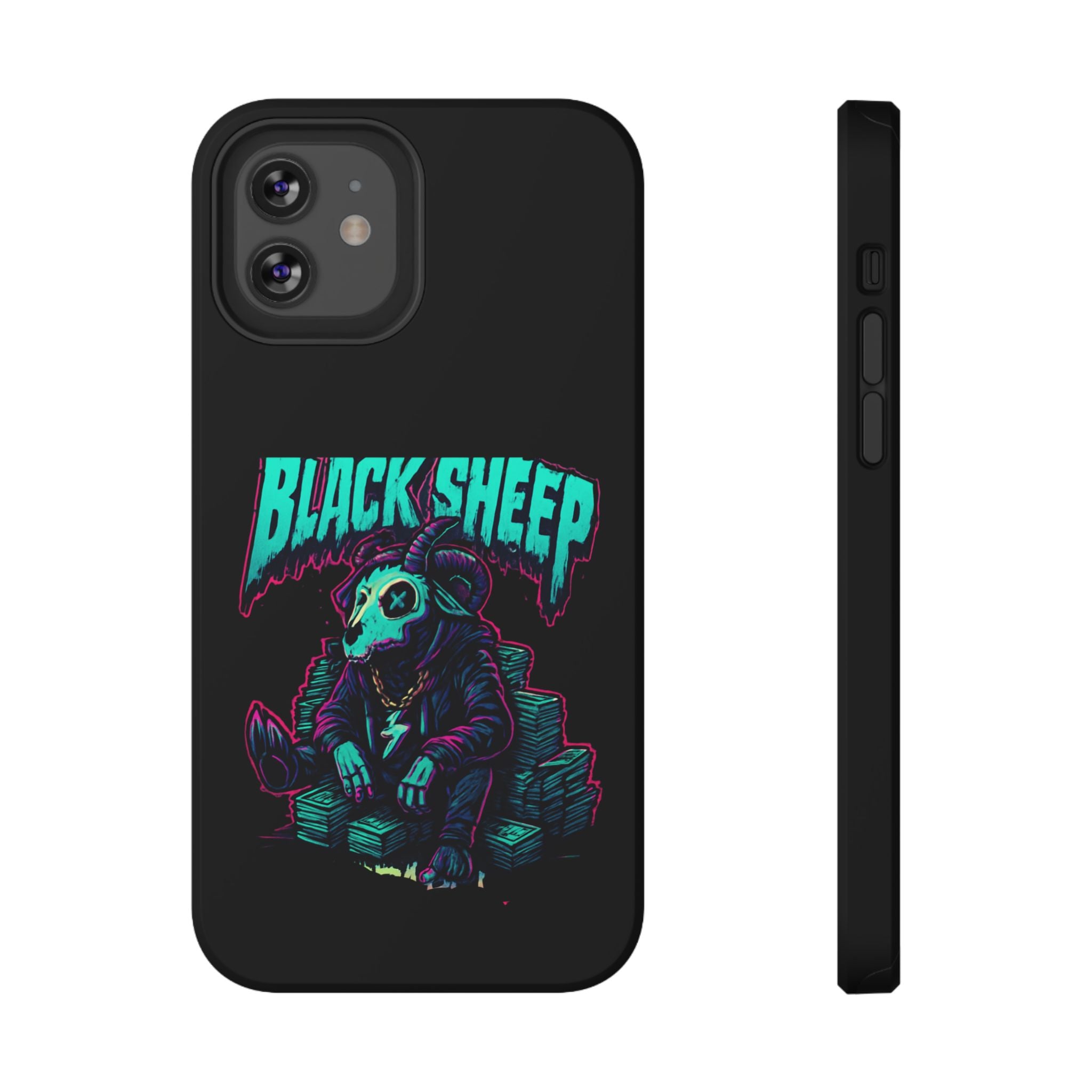 Impact-Resistant Phone Case — “Black Sheep” Neon Skull Design