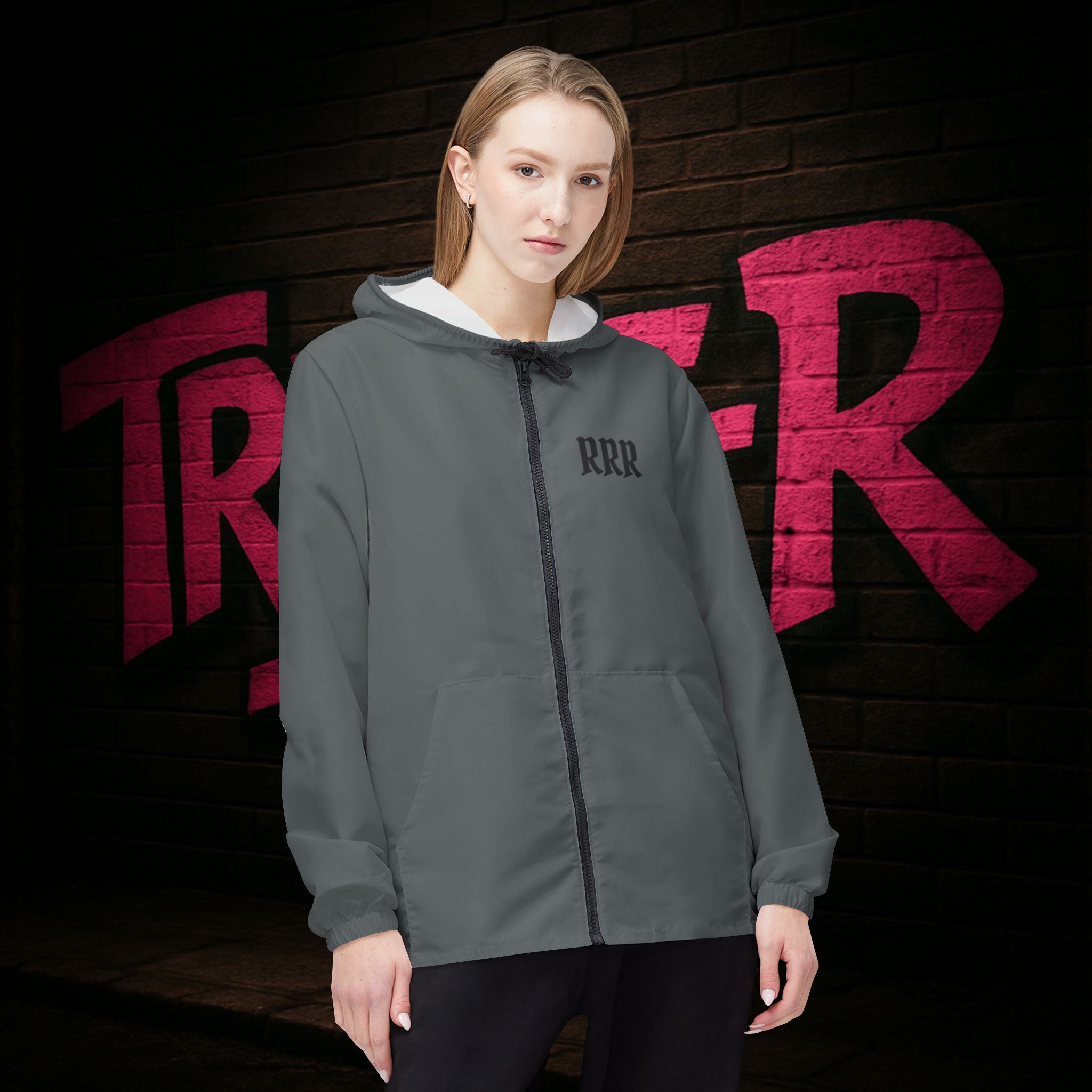 Windbreaker Jacket — RRR Phoenix Design “Rise Remove Repeat” Flame Hooded Windbreaker