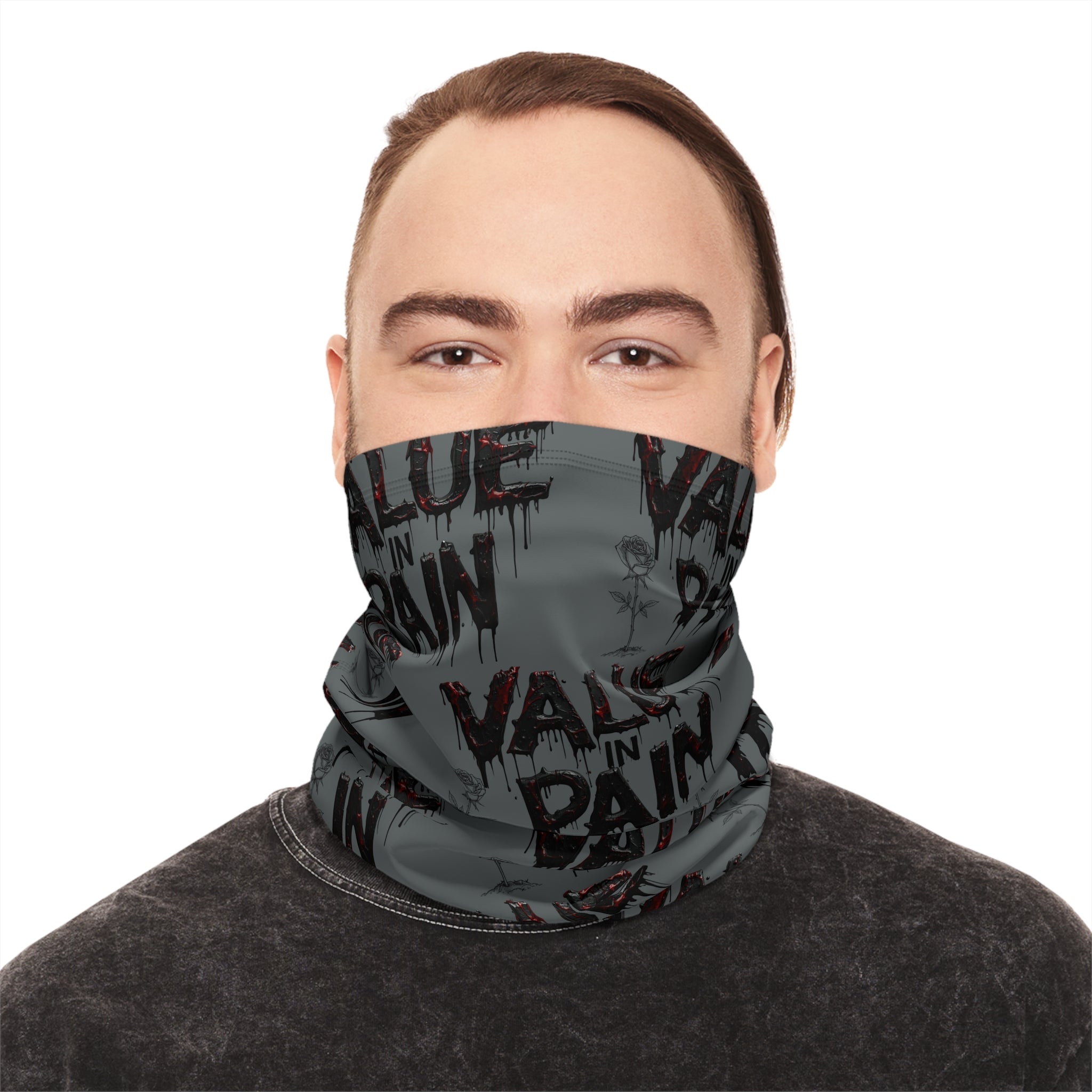 Value in Pain Winter Neck Gaiter — Gothic Text Pattern Face Mask Scarf