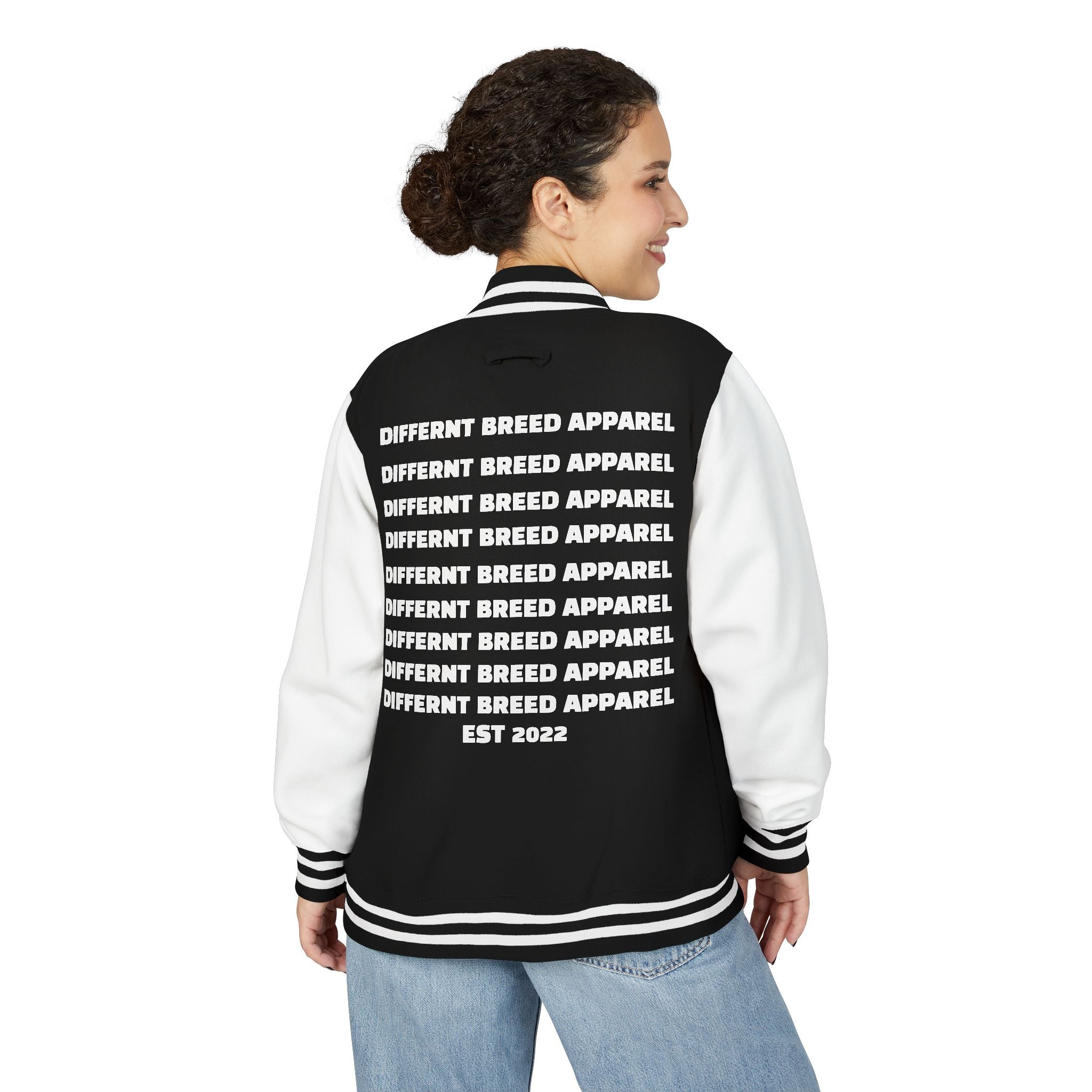 Letterman Jacket — Small Neon Portrait Patch & Repeated 'Different Breed Apparel' Back Print