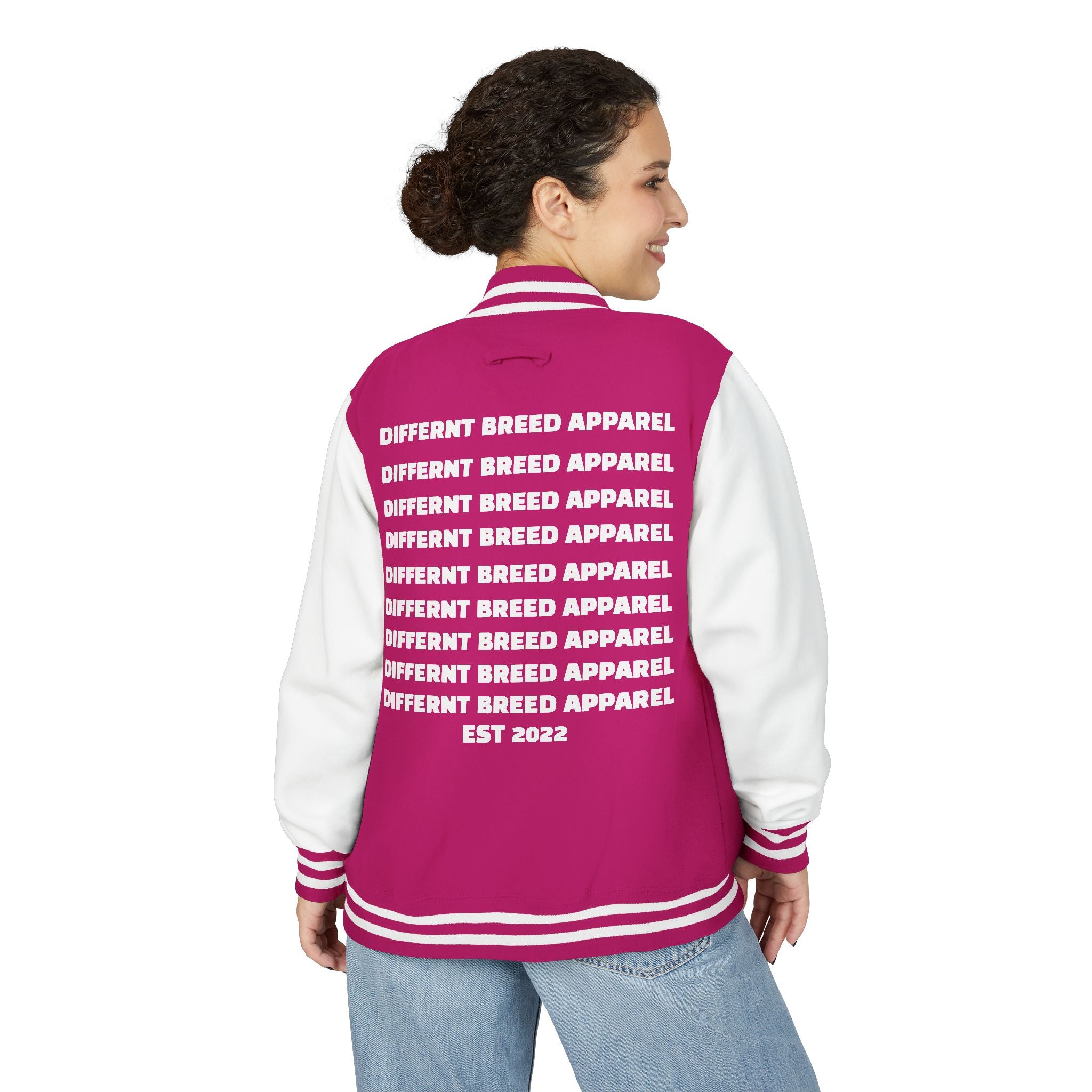 Letterman Jacket — Small Neon Portrait Patch & Repeated 'Different Breed Apparel' Back Print