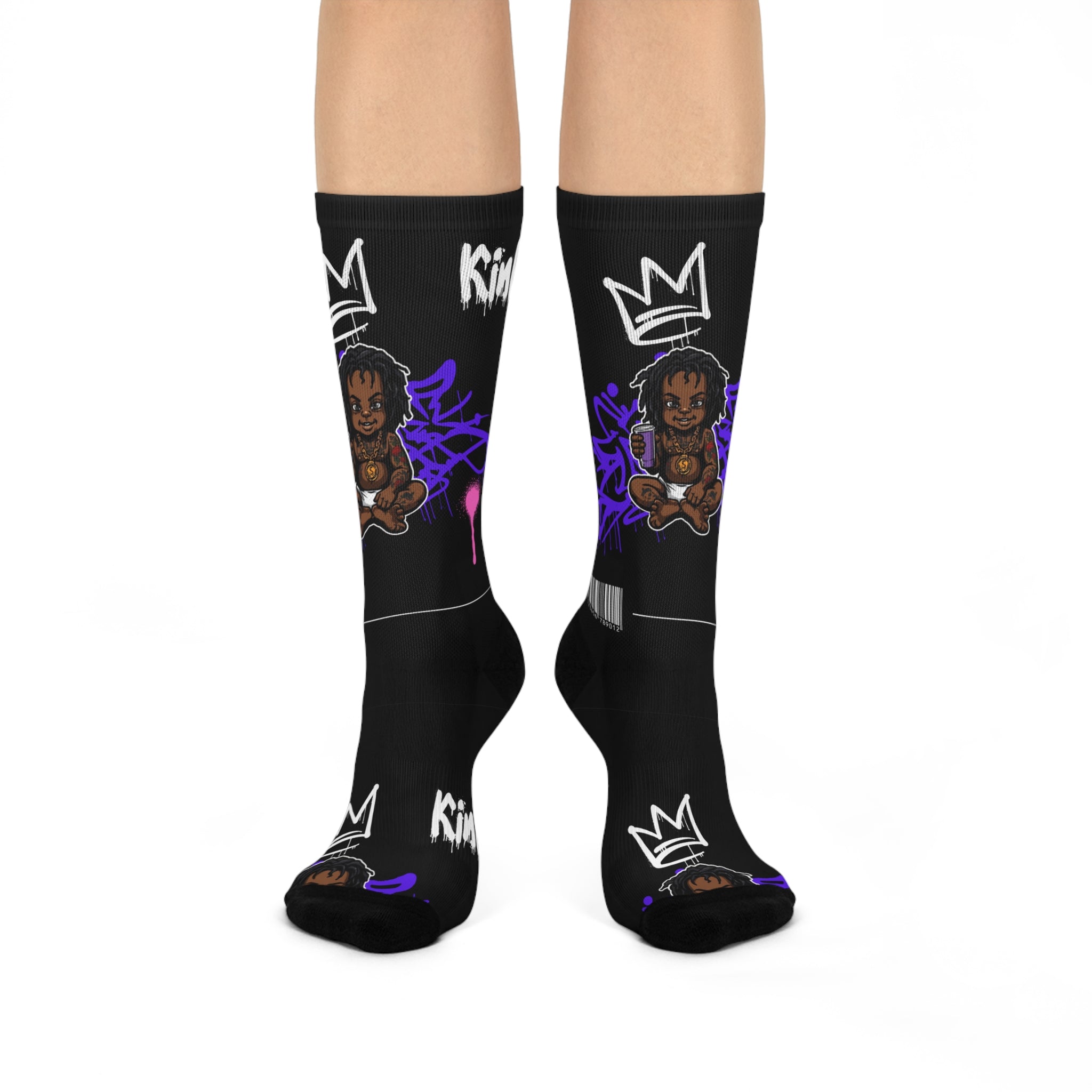 King Crown Street Art Crew Socks — Cushioned Black Graphic Socks
