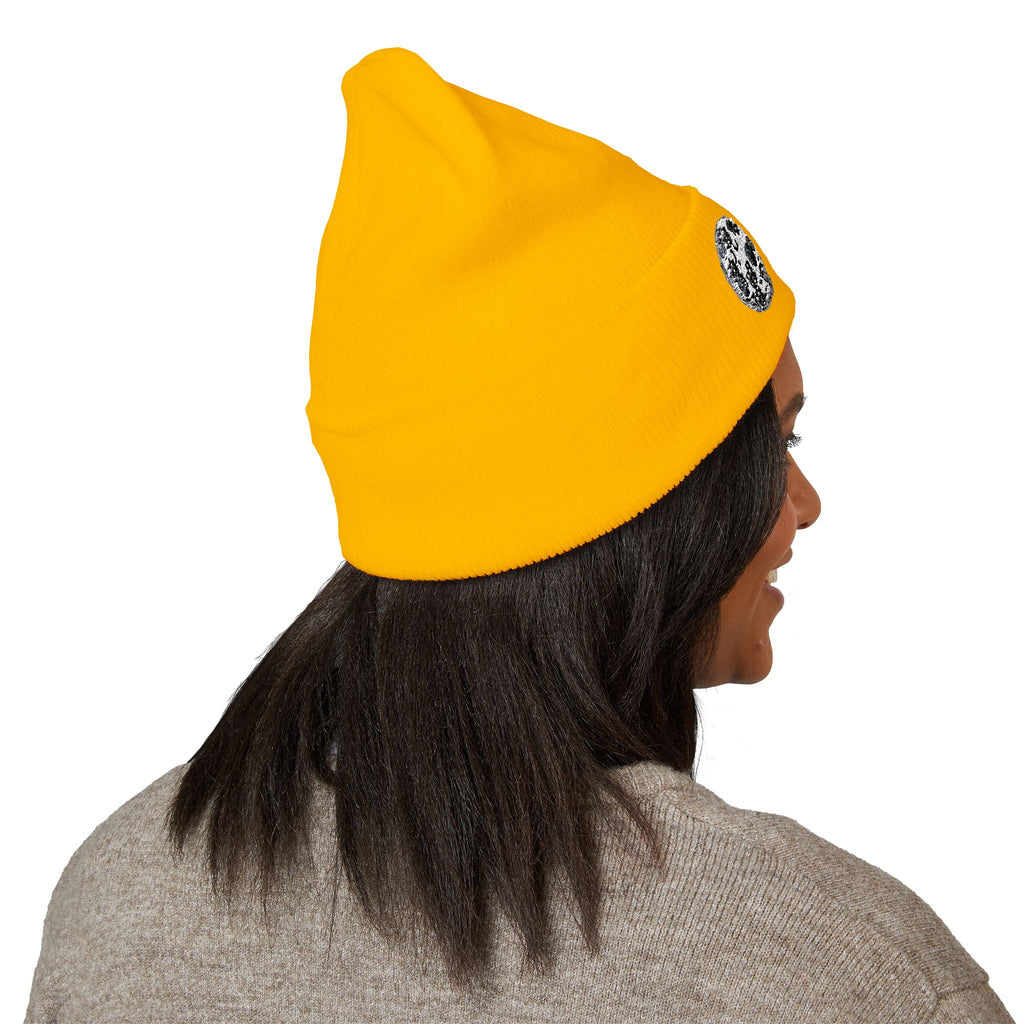 Embroidered DIFFERENT BREED [DB] ABBREVIATED Moon Patch Cuffed Beanie — Cozy Yellow Knit Winter Hat