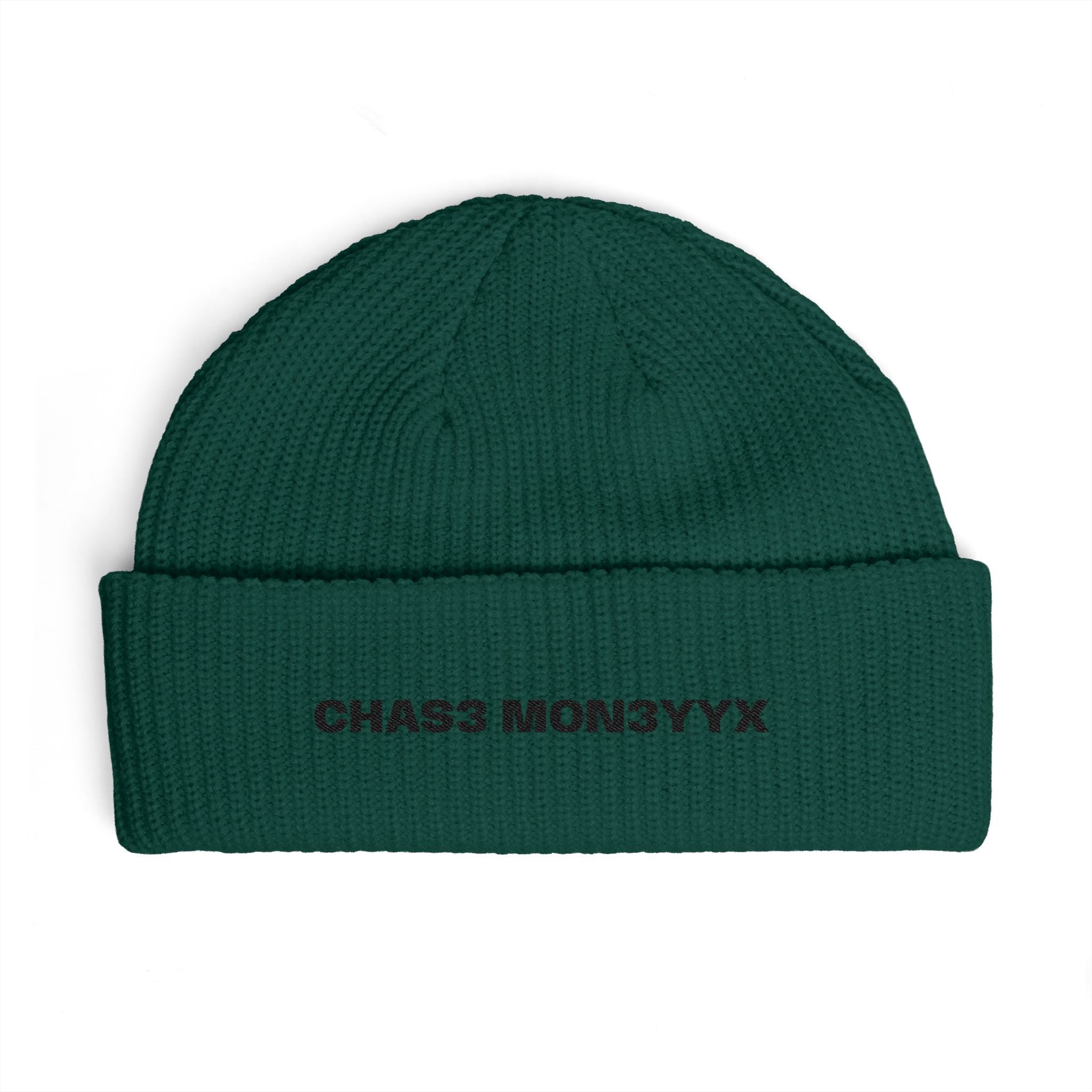 Embroidered Cuff Beanie — "CHAS3 MON3YYYX" Knit Hat