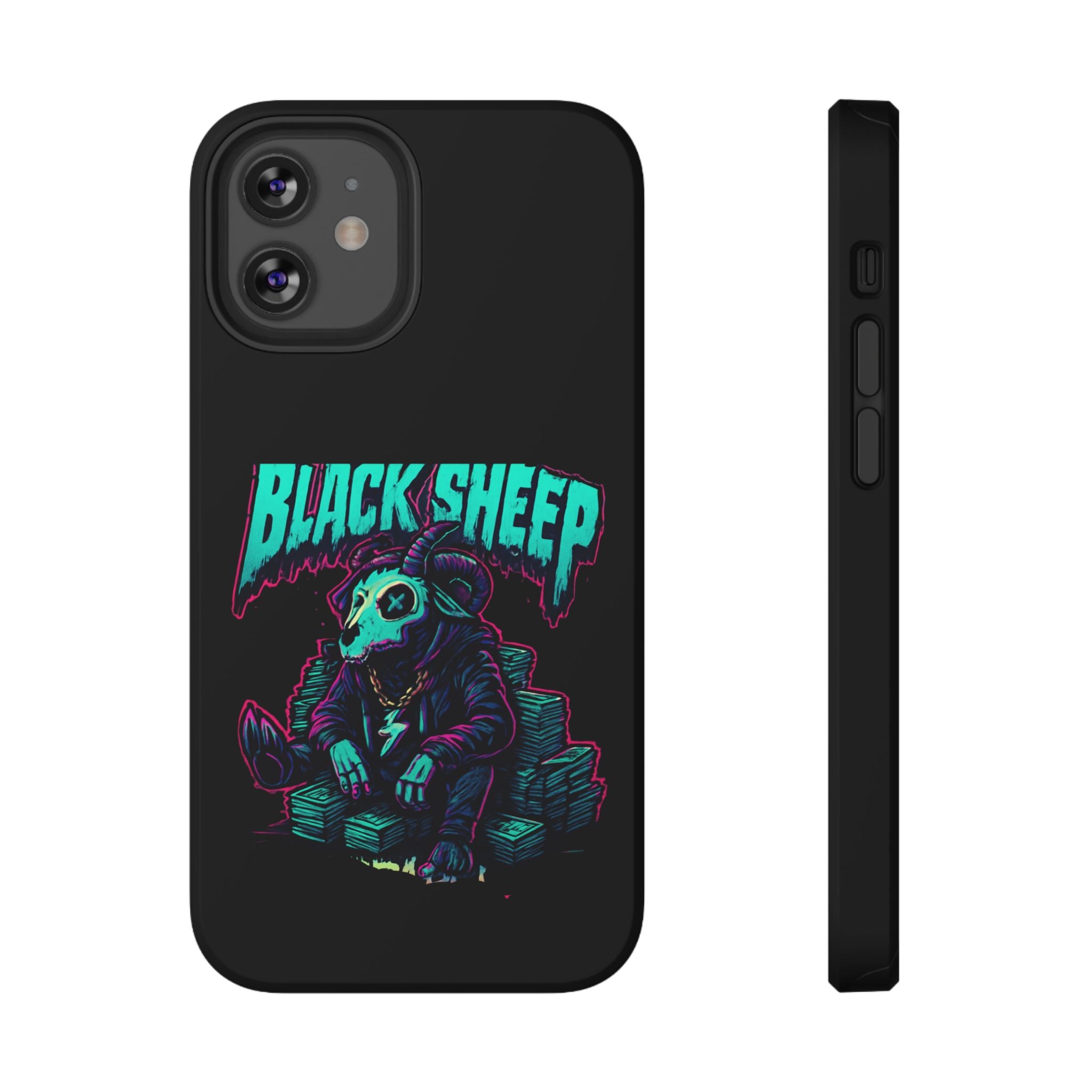 Impact-Resistant Phone Case — “Black Sheep” Neon Skull Design