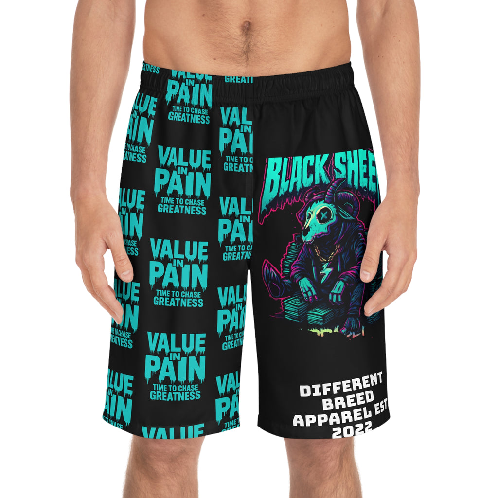 Board Shorts — 'Black Sheep' Graphic All-Over Print Swim Trunks with 'Value in Pain' Pattern