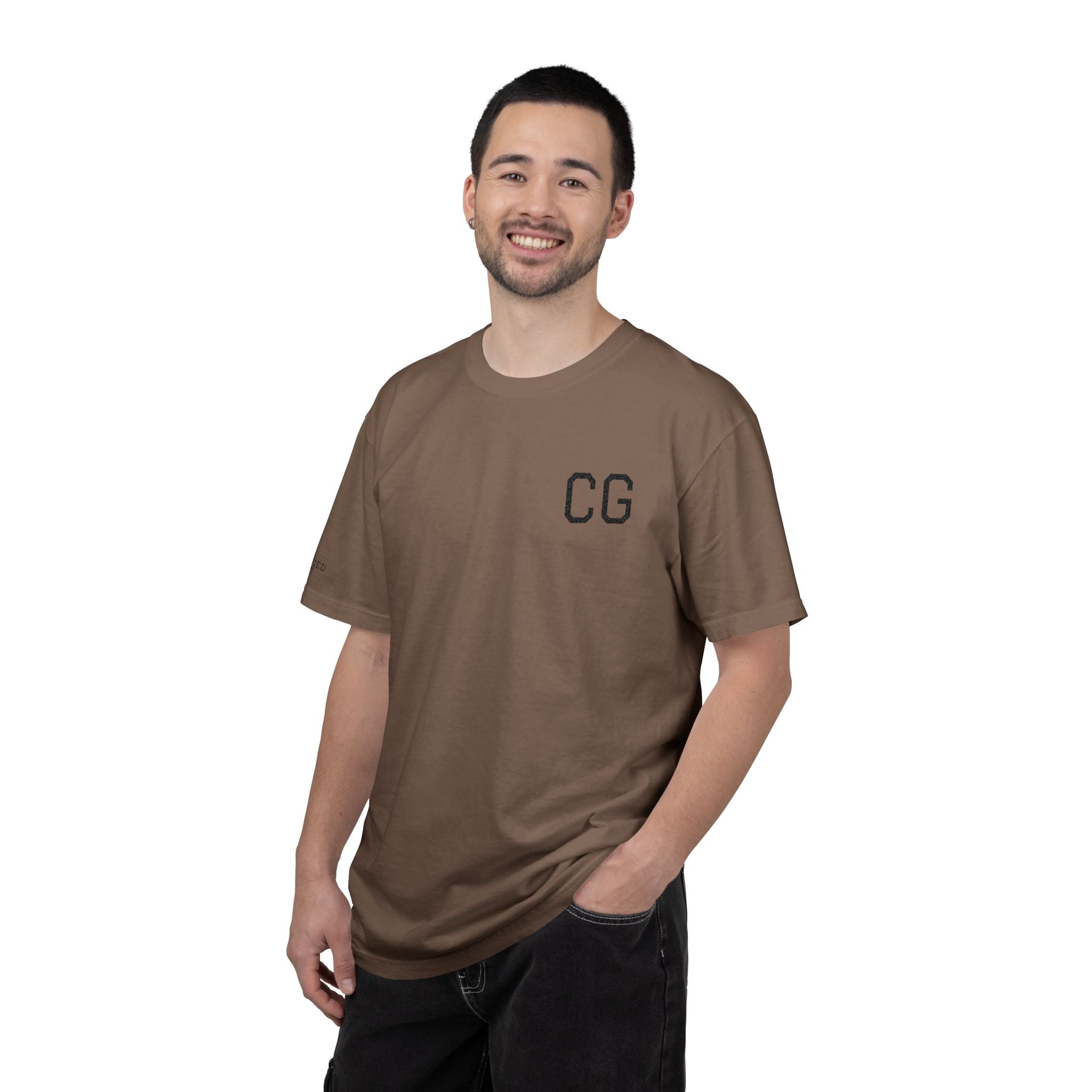 CG Chest Logo T‑Shirt — Minimalist White Tee with Sleeve Patch