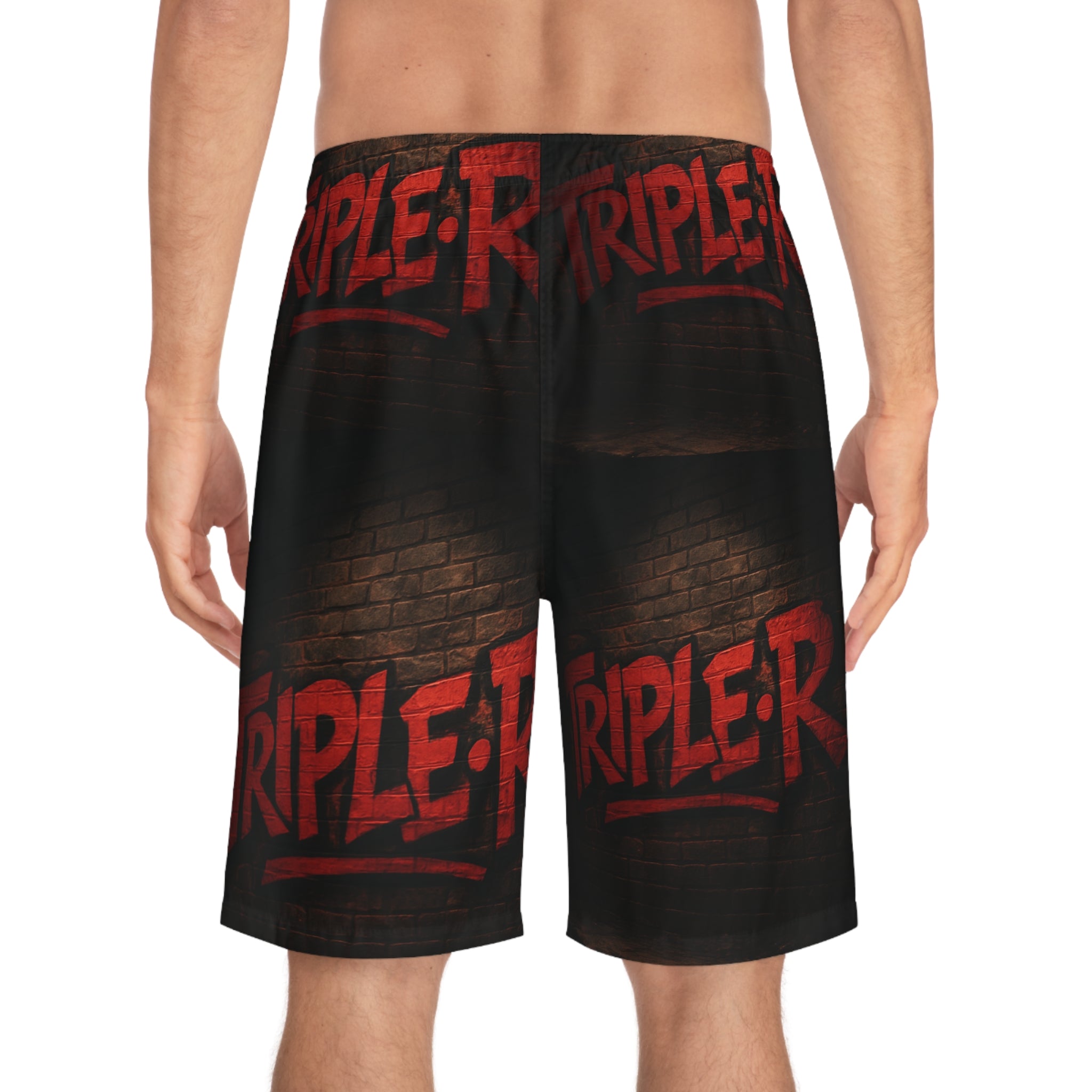 Board Shorts — 'TRIPLE R' Red Graffiti Swim Trunks