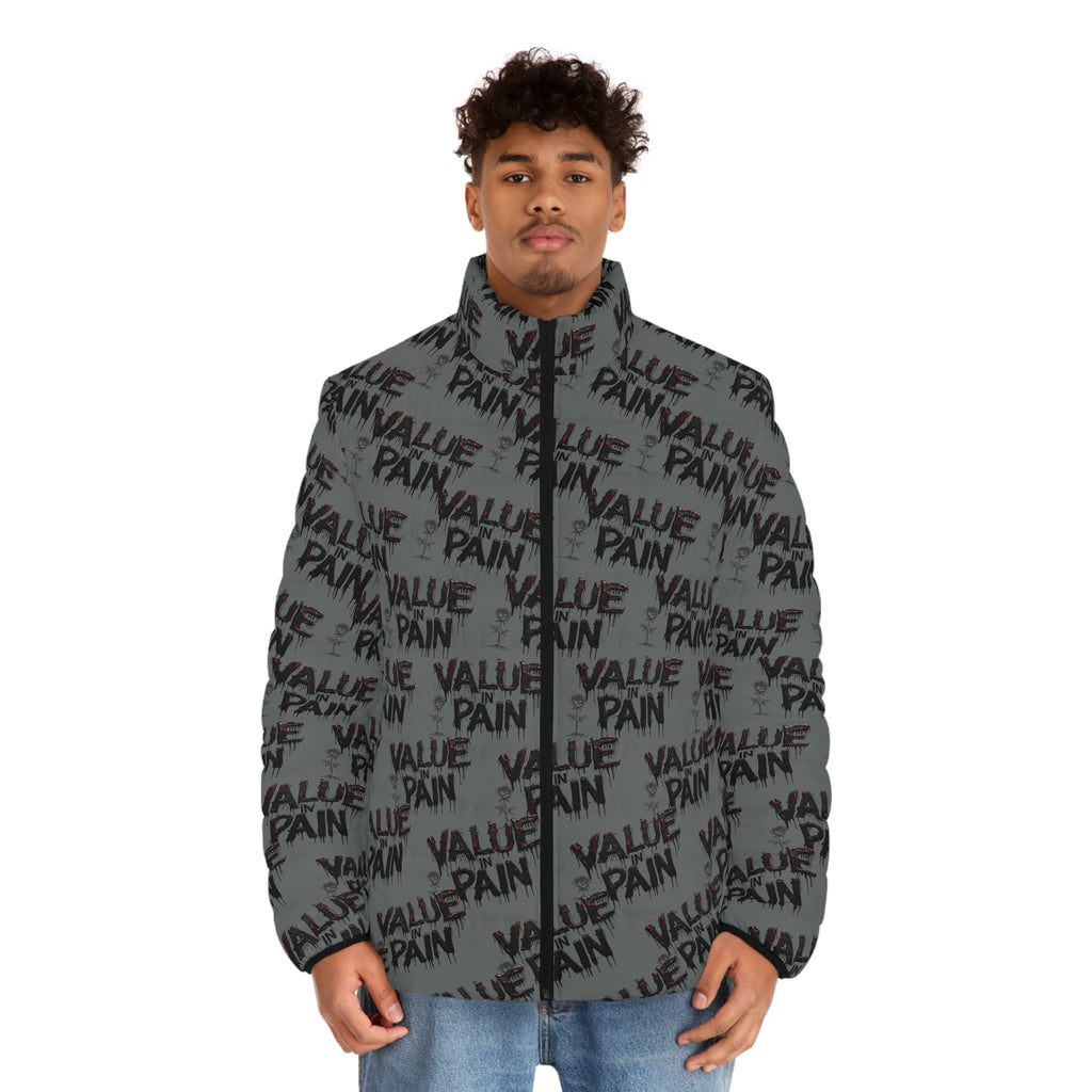 Puffer Jacket — Allover "Value Pain" Graphic Winter Coat