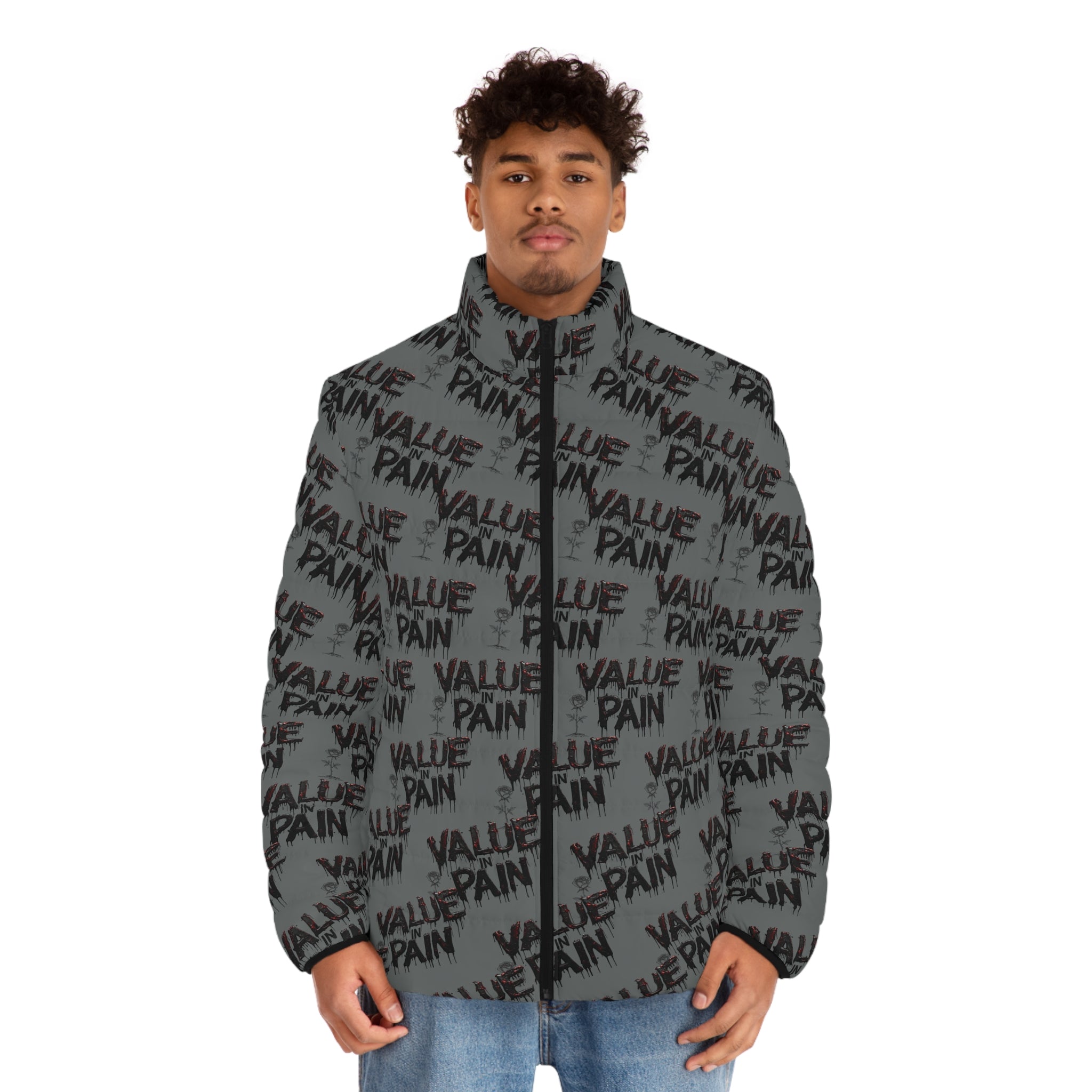 Puffer Jacket — Allover "Value Pain" Graphic Winter Coat