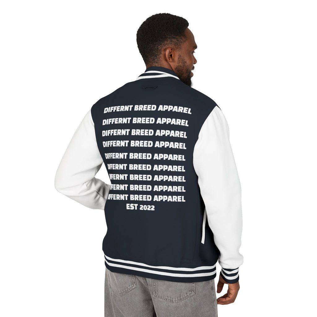 Letterman Jacket — Small Neon Portrait Patch & Repeated 'Different Breed Apparel' Back Print