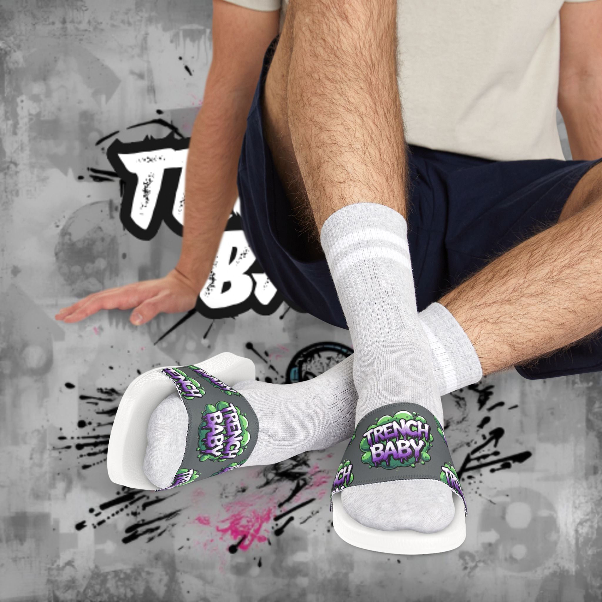 Men's Slide Sandals — 'French Baby' Graphic Adjustable-Strap Pool Slides