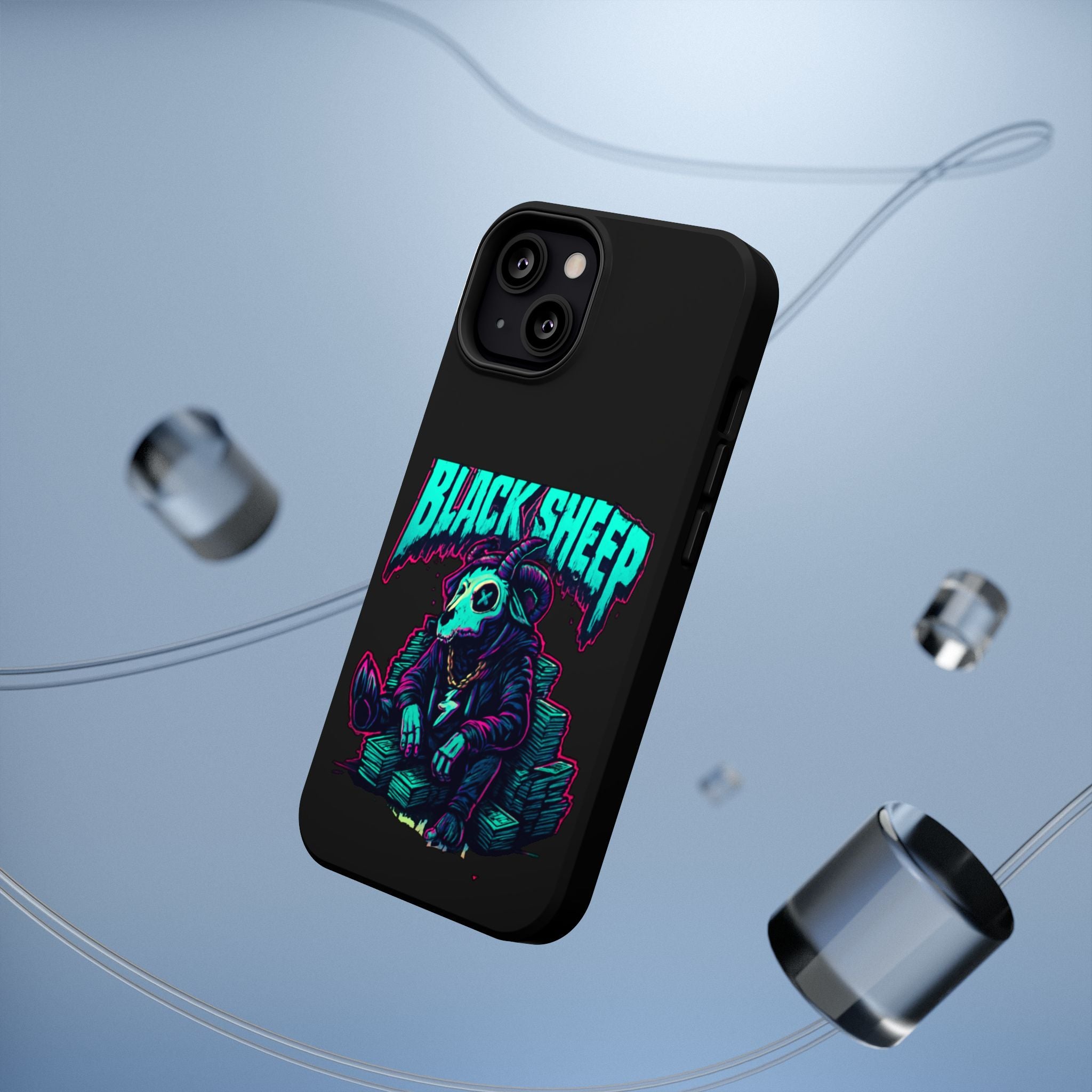 Impact-Resistant Phone Case — “Black Sheep” Neon Skull Design