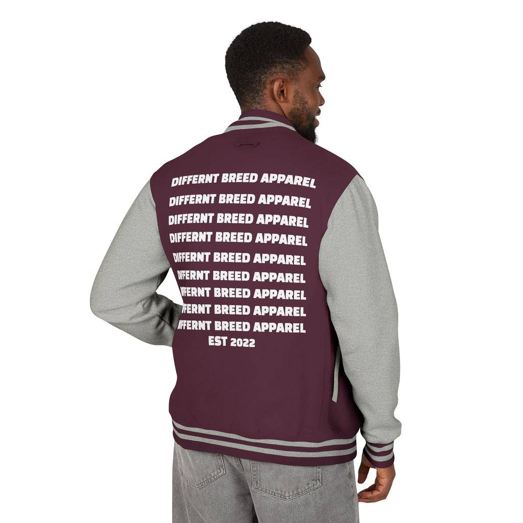 Letterman Jacket — Small Neon Portrait Patch & Repeated 'Different Breed Apparel' Back Print