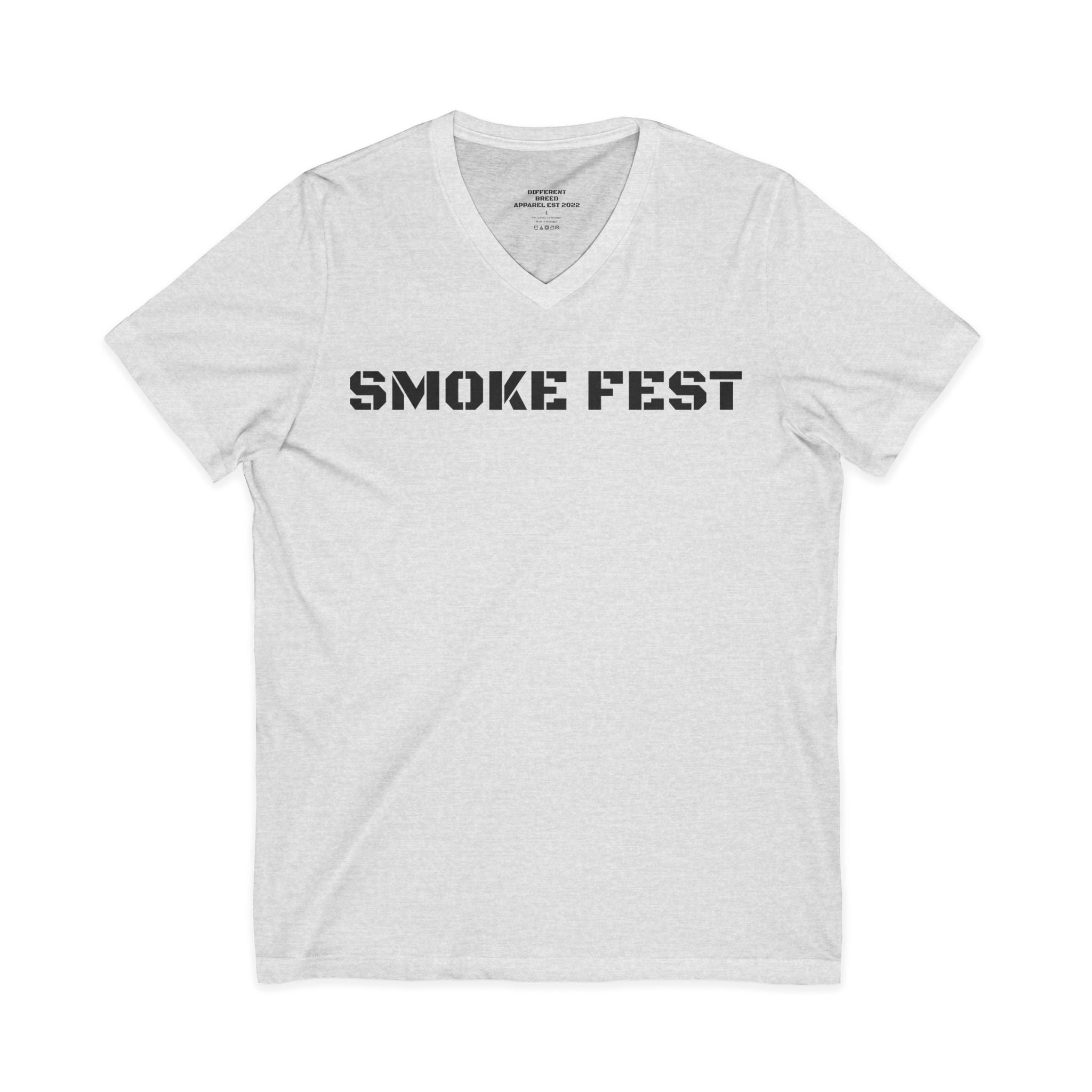 Smoke Fest V-Neck Tee — Bold Stencil Text T-Shirt for BBQ & Festival Fans