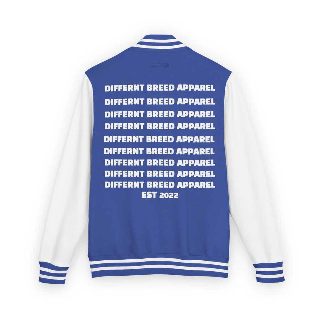 Letterman Jacket — Small Neon Portrait Patch & Repeated 'Different Breed Apparel' Back Print