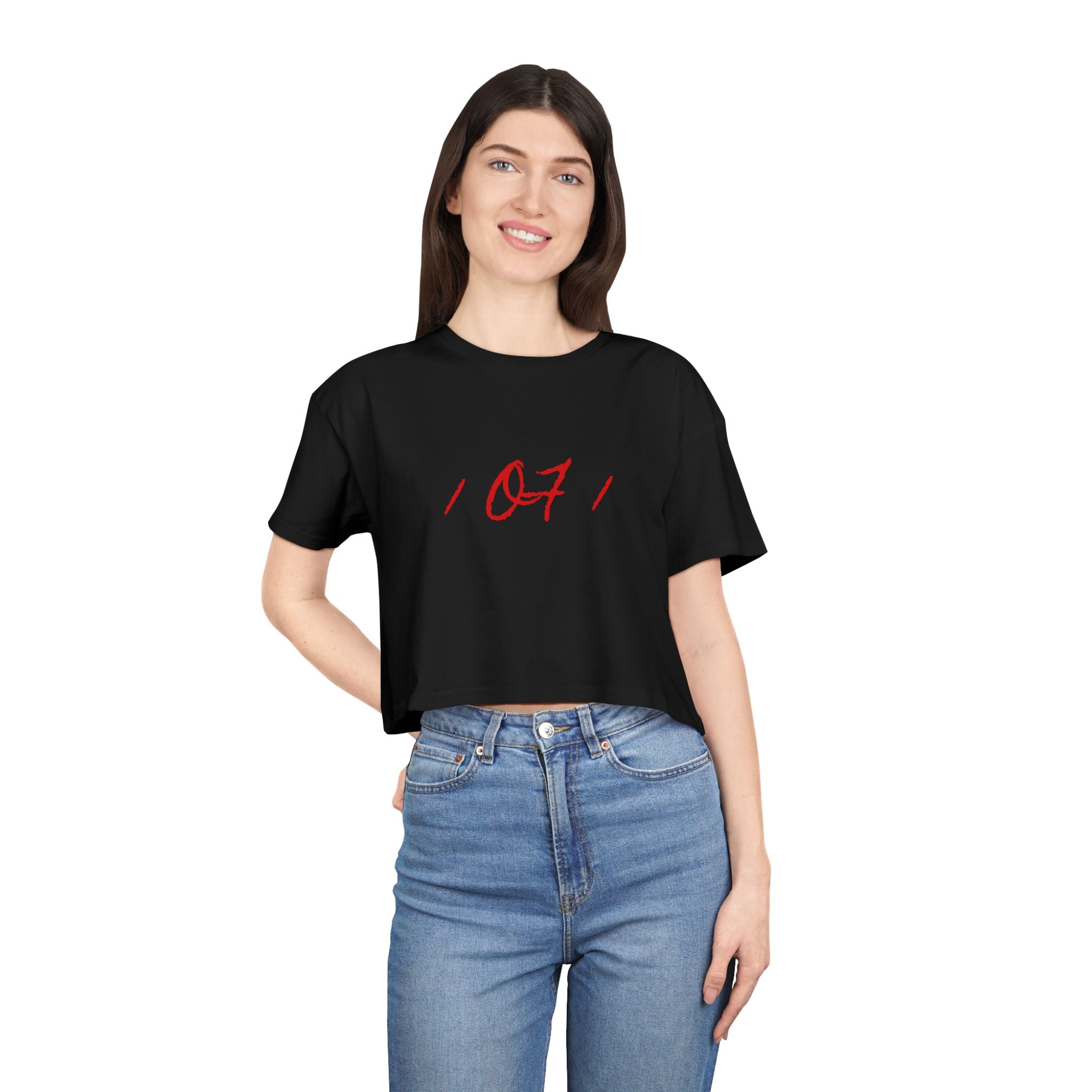 Crop Tee — Minimal Script "07" Front with Script Back Text