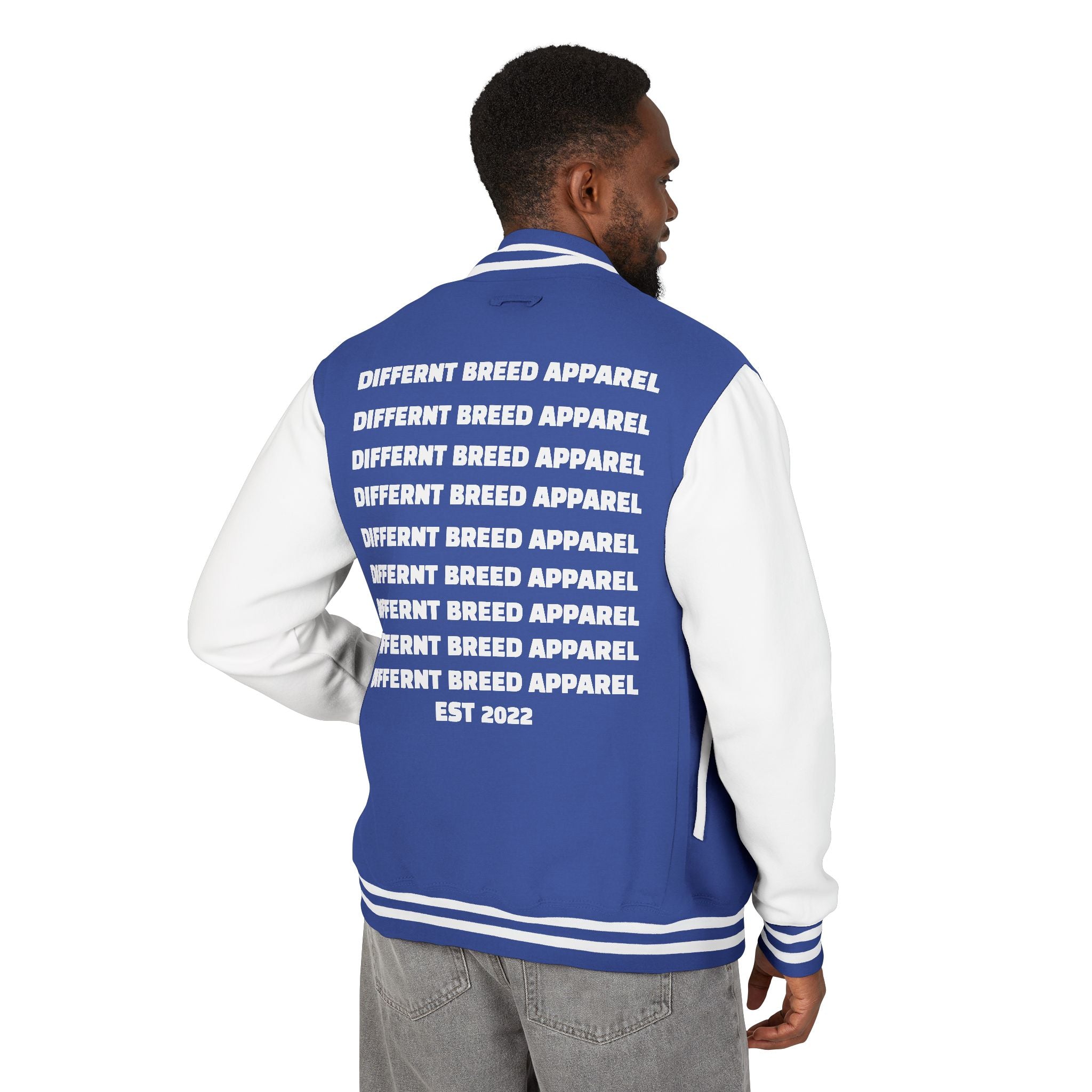 Letterman Jacket — Small Neon Portrait Patch & Repeated 'Different Breed Apparel' Back Print