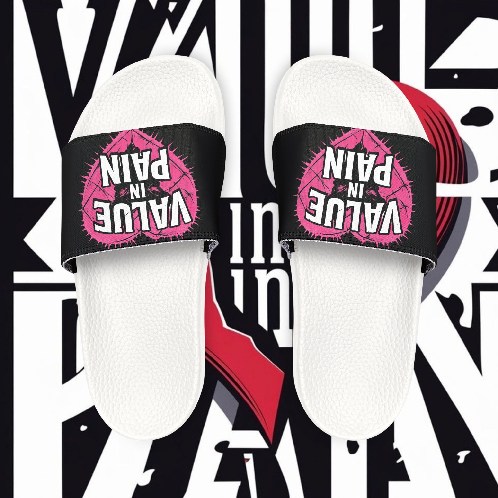Slide Sandals — “Value in Pain” Graphic Pool Slides