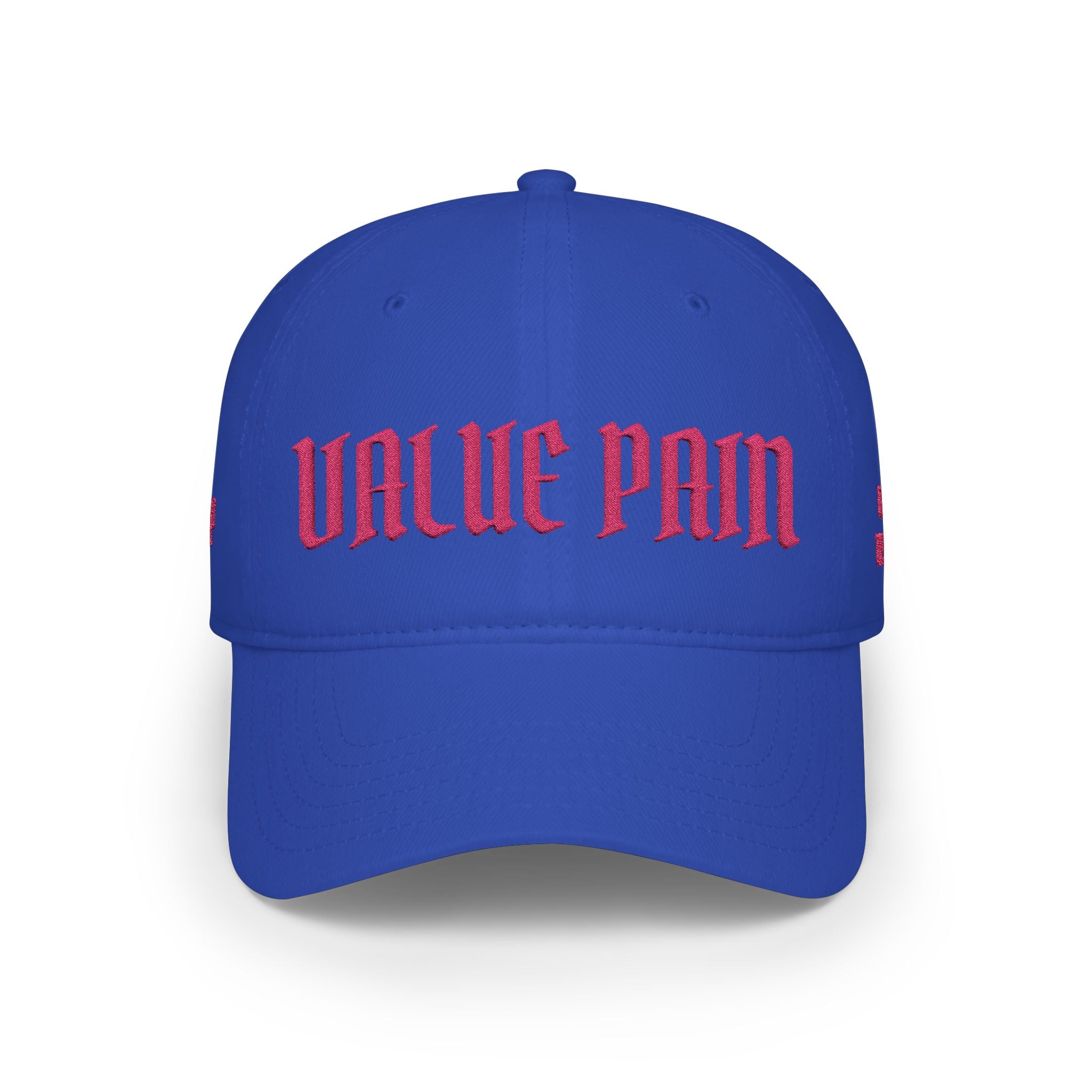 Value Pain Baseball Cap — Low Profile Black Hat with Pink Gothic Embroidery