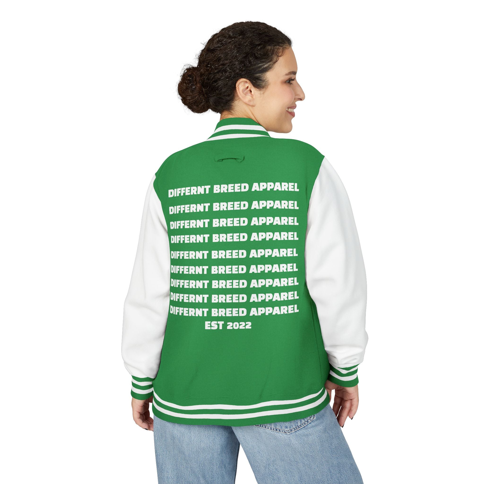 Letterman Jacket — Small Neon Portrait Patch & Repeated 'Different Breed Apparel' Back Print