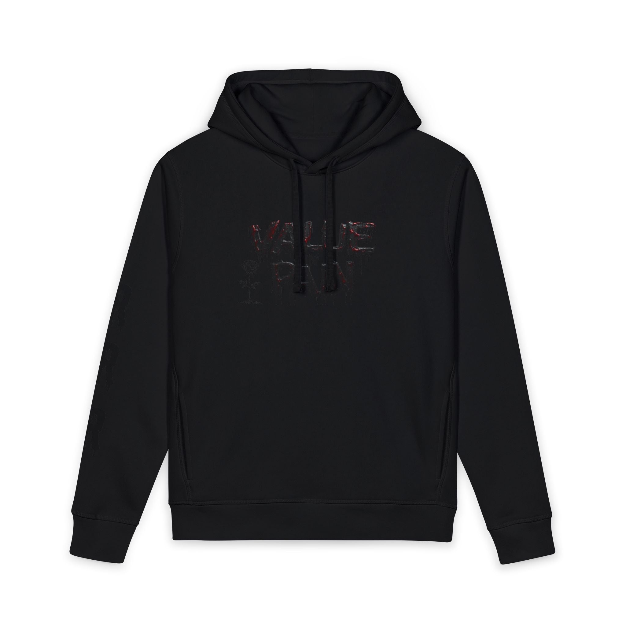 Value in Pain Hoodie — Graphic Streetwear Pullover with Sleeve Print