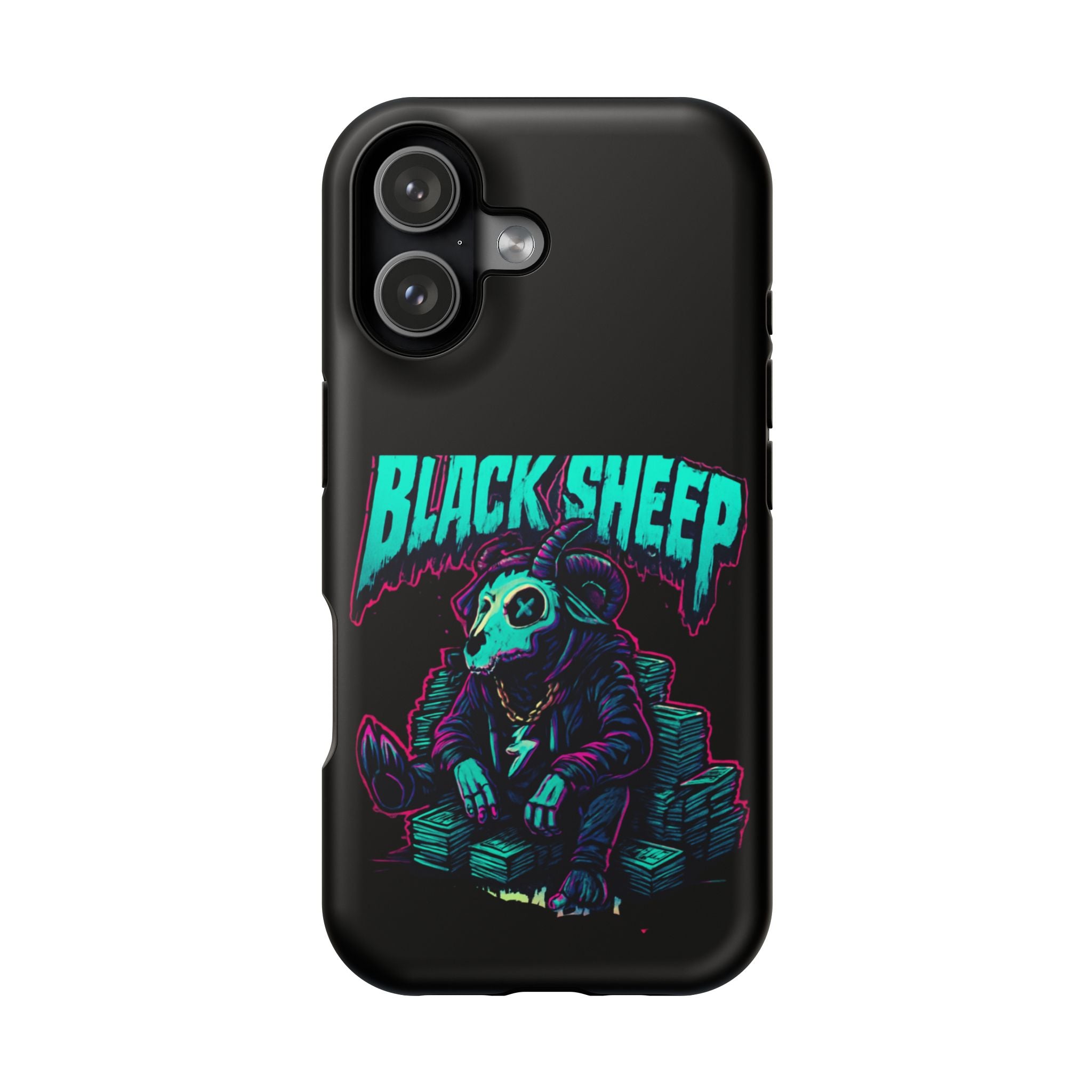 Impact-Resistant Phone Case — “Black Sheep” Neon Skull Design