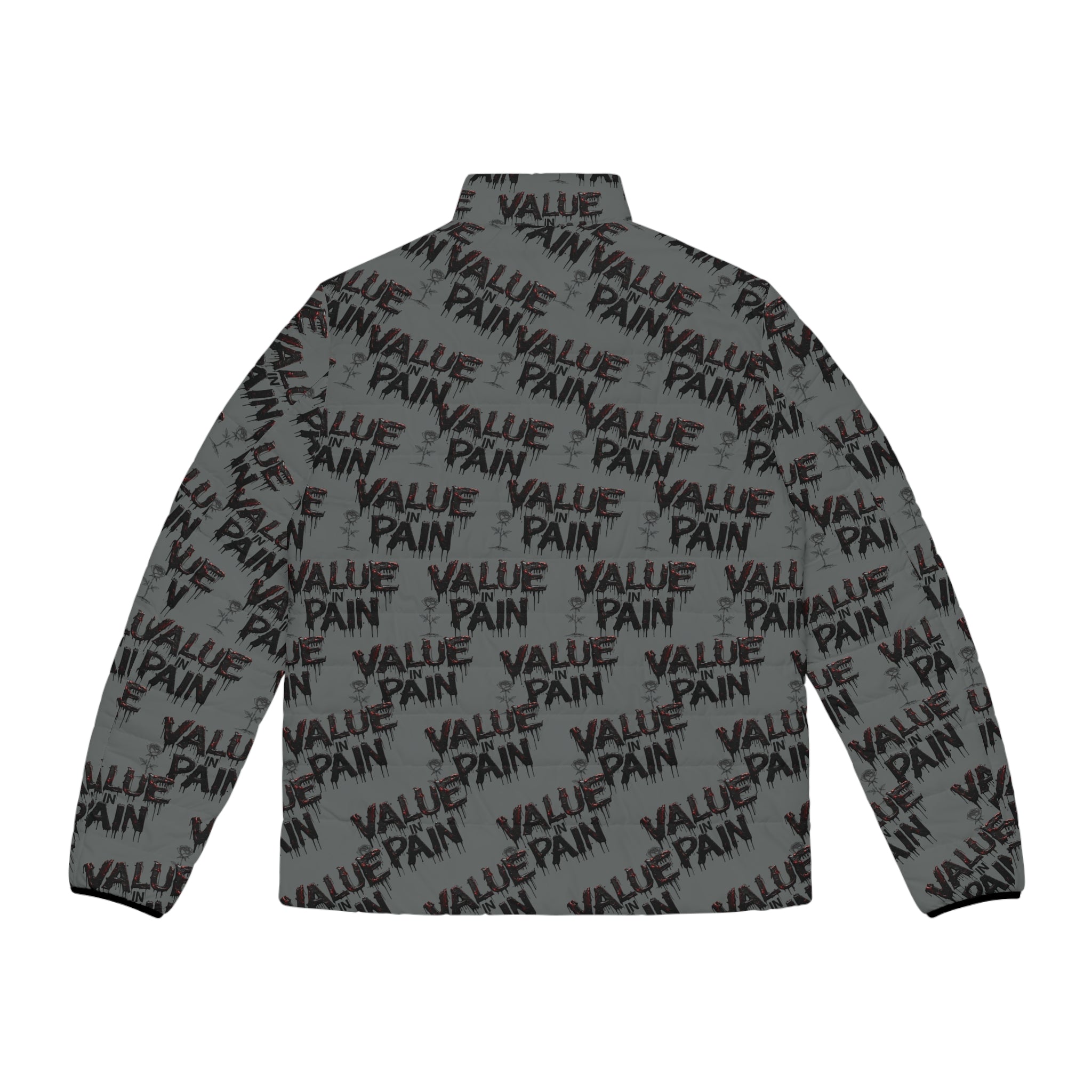 Puffer Jacket — Allover "Value Pain" Graphic Winter Coat