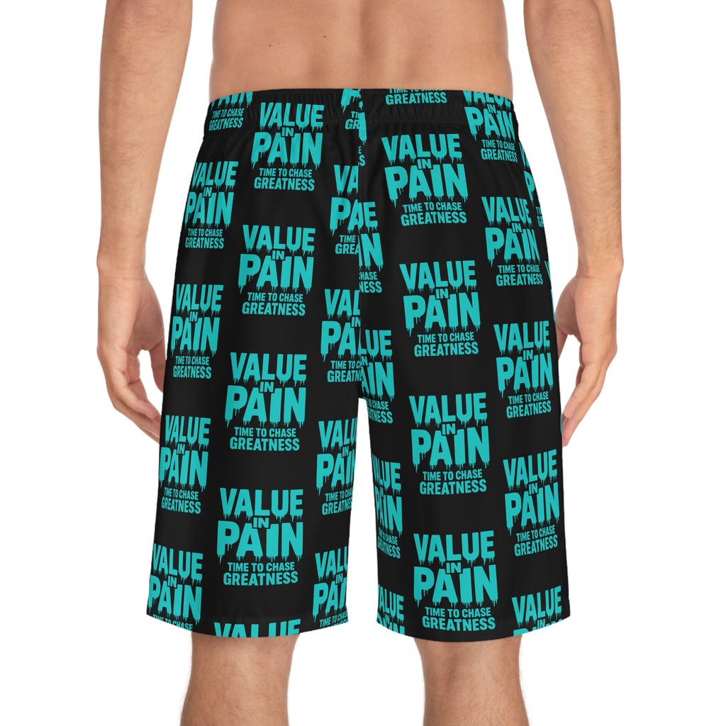 Board Shorts — 'Black Sheep' Graphic All-Over Print Swim Trunks with 'Value in Pain' Pattern