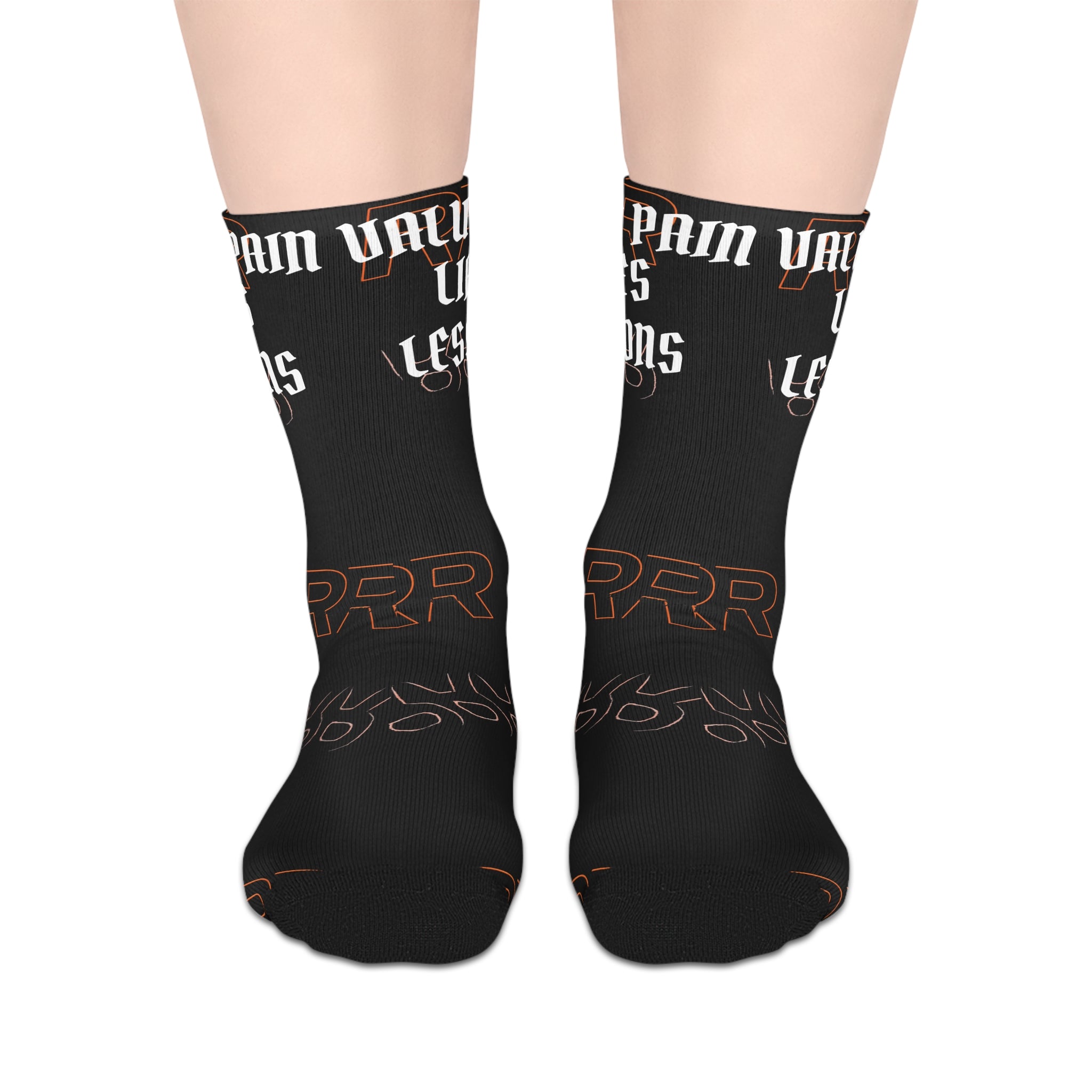 Black Mid-Length Socks with Gothic "Pain Valu[s?] Less" Text – Edgy Streetwear Crew Socks