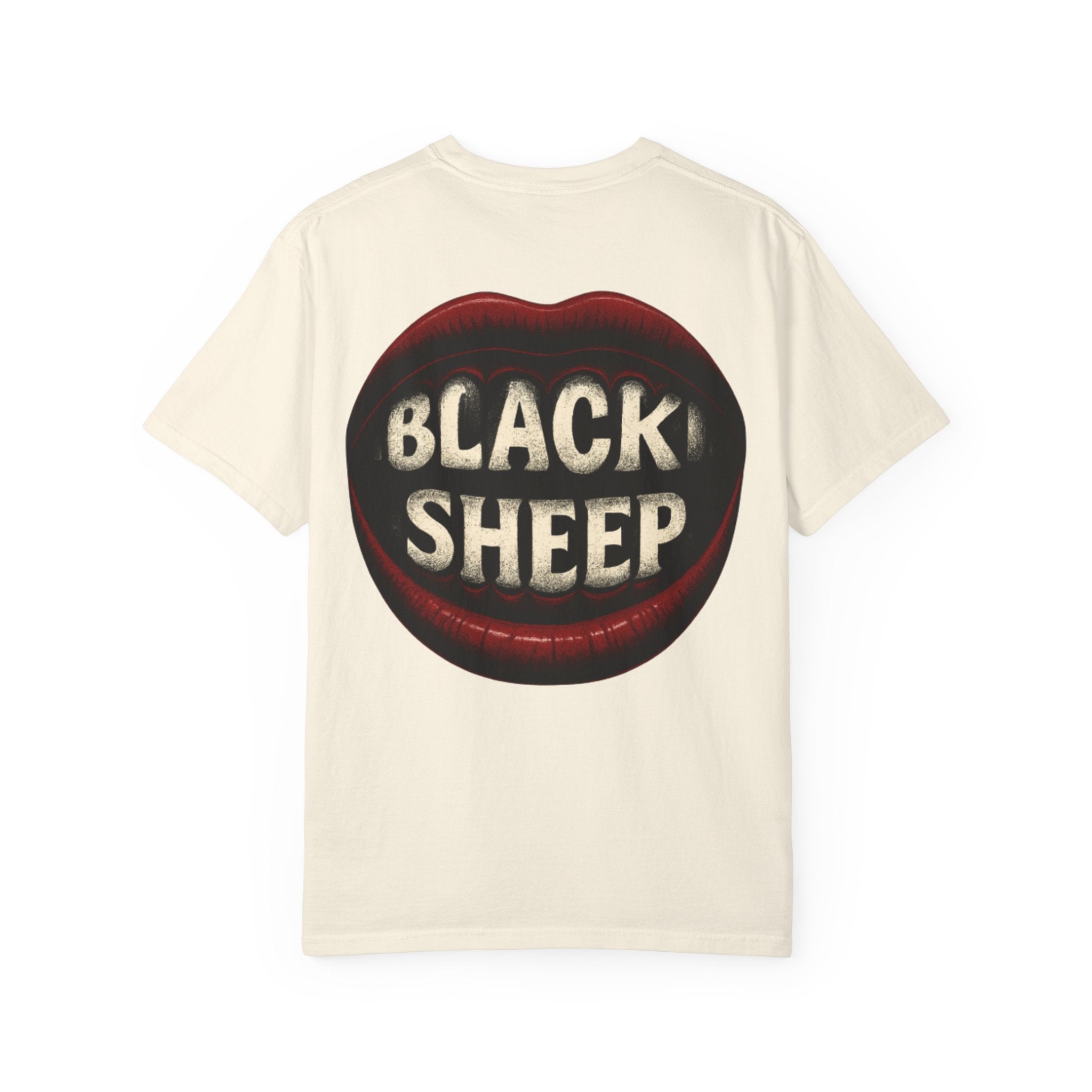 Black Sheep T-Shirt — Bold Back Lip Graphic & Front Text