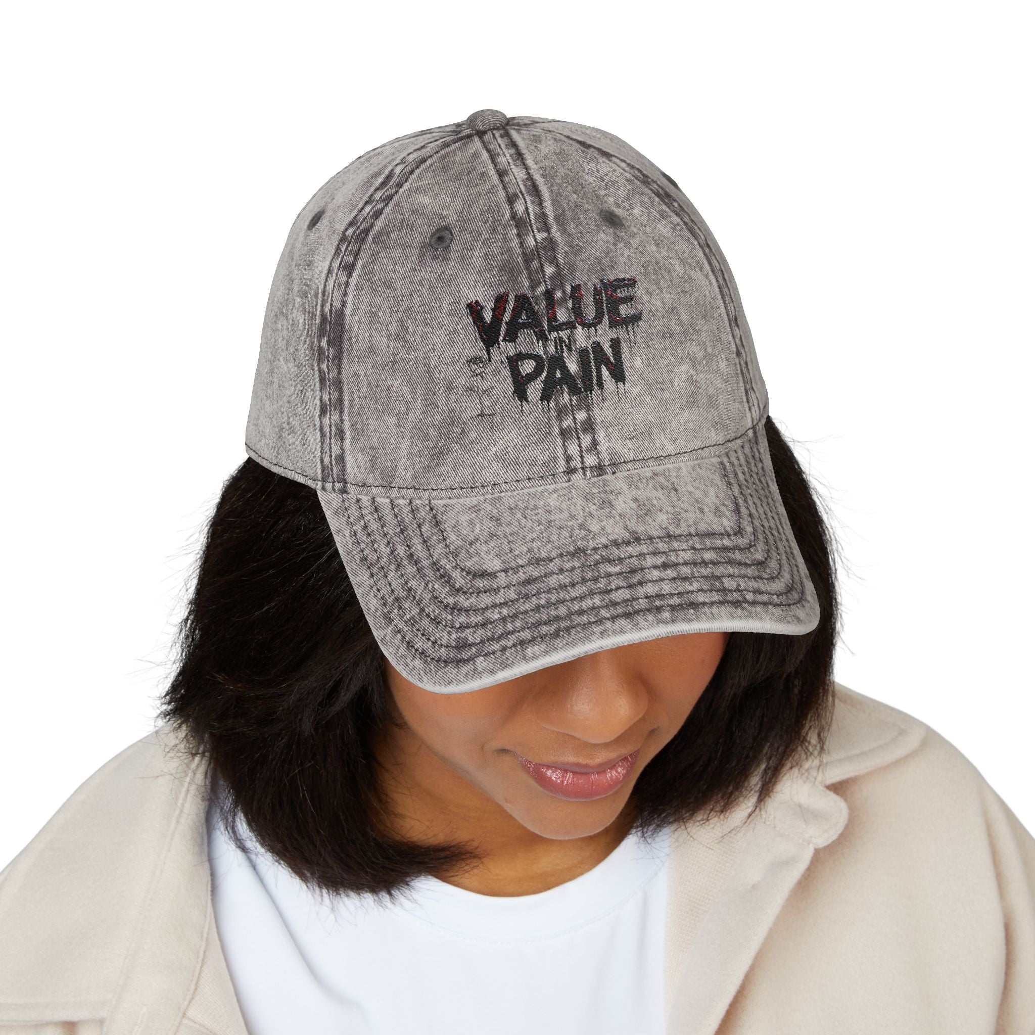 Vintage Embroidered Cap — "VALUE PAIN" Distressed Baseball Hat