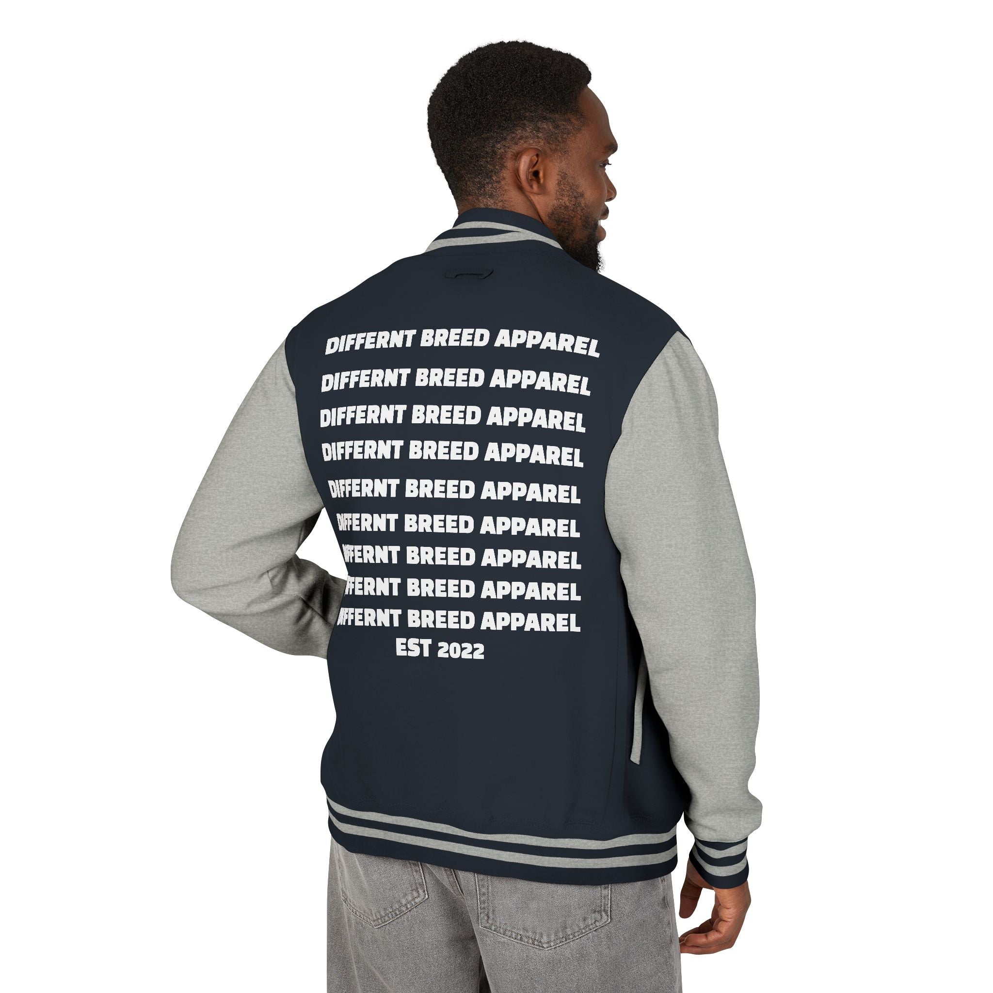 Letterman Jacket — Small Neon Portrait Patch & Repeated 'Different Breed Apparel' Back Print