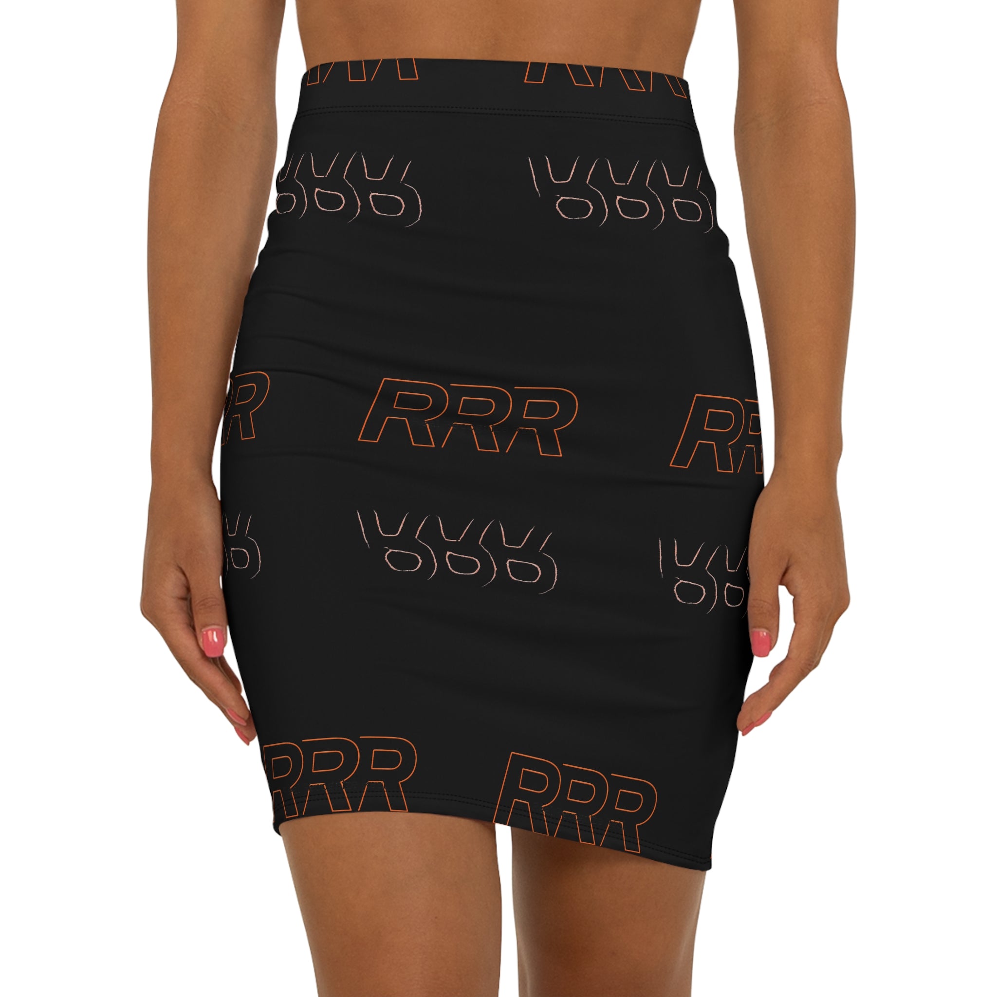 RRR Logo Black Mid‑Waist Pencil Skirt — Sleek Casual Graphic Skirt