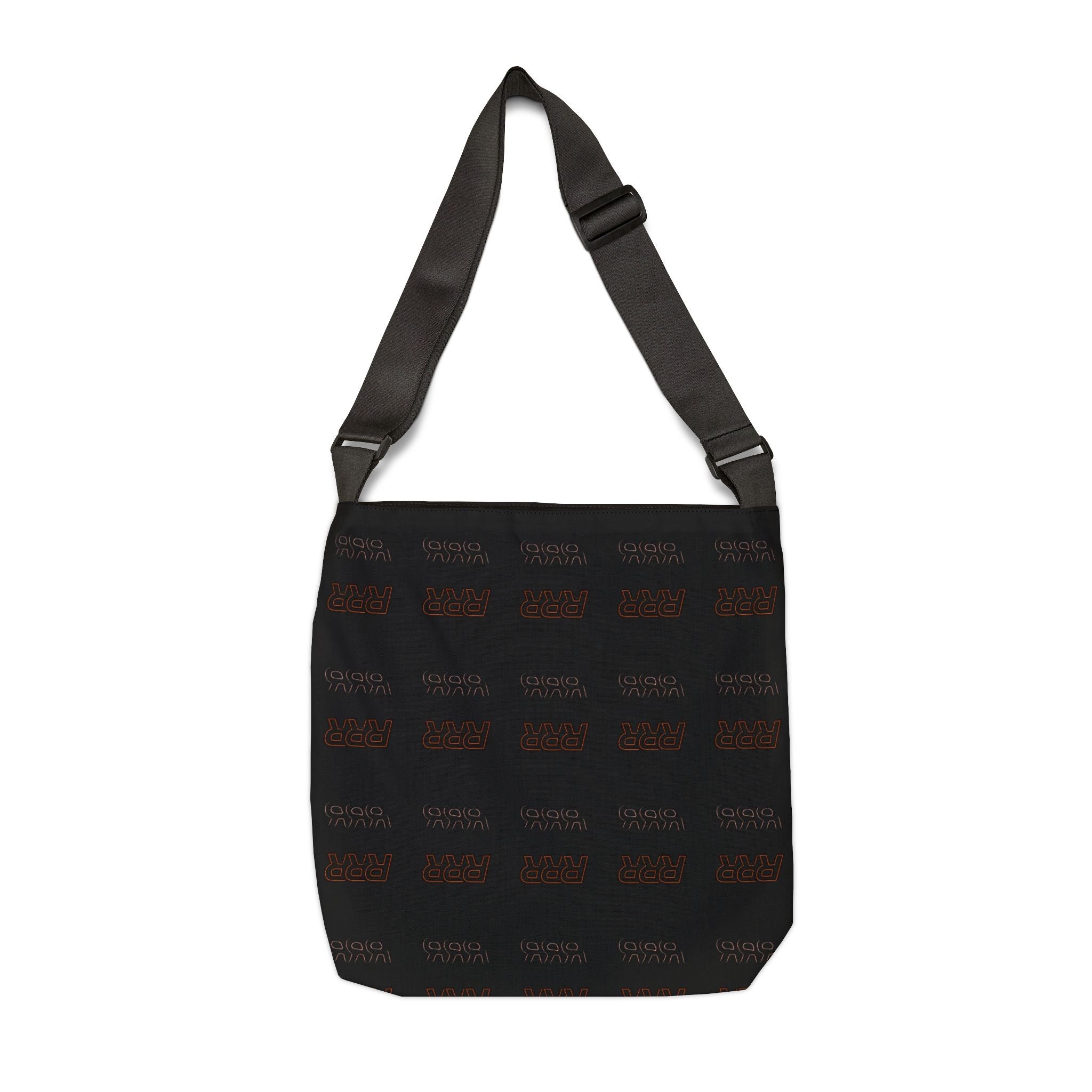 Adjustable Black Tote Bag with Repeating 'RRR' Graphic — Minimal Urban Shoulder Bag