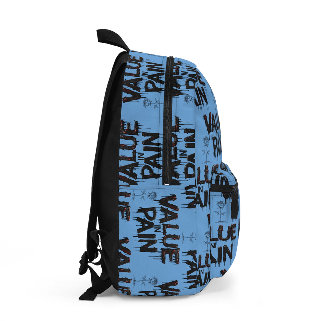 Value in Pain Backpack — Blue Graffiti Text Pattern