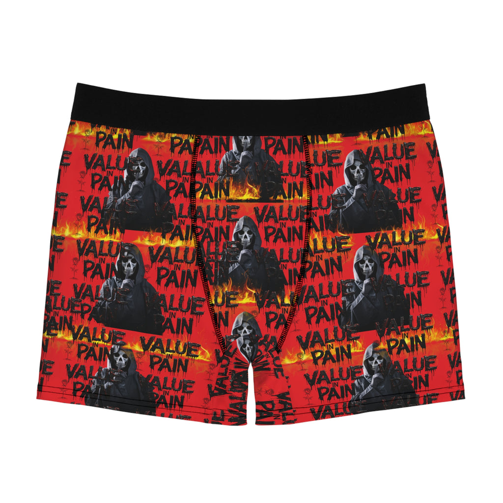 Men's Boxer Briefs — Red Grim Reaper Flame Pattern with “VALUE PAIN” Text