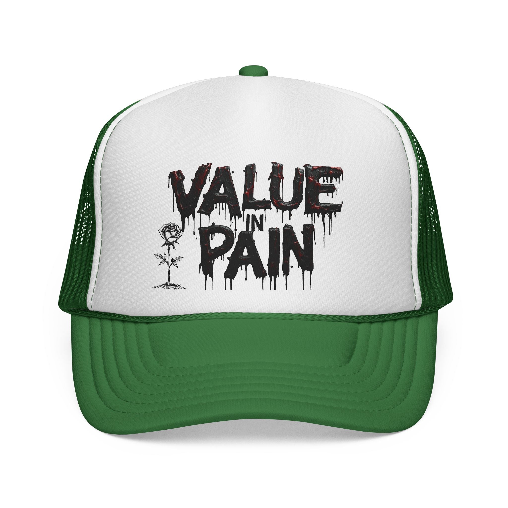 Value in Pain Trucker Cap — Gothic Grunge Mesh Hat with Dripping Text & Rose