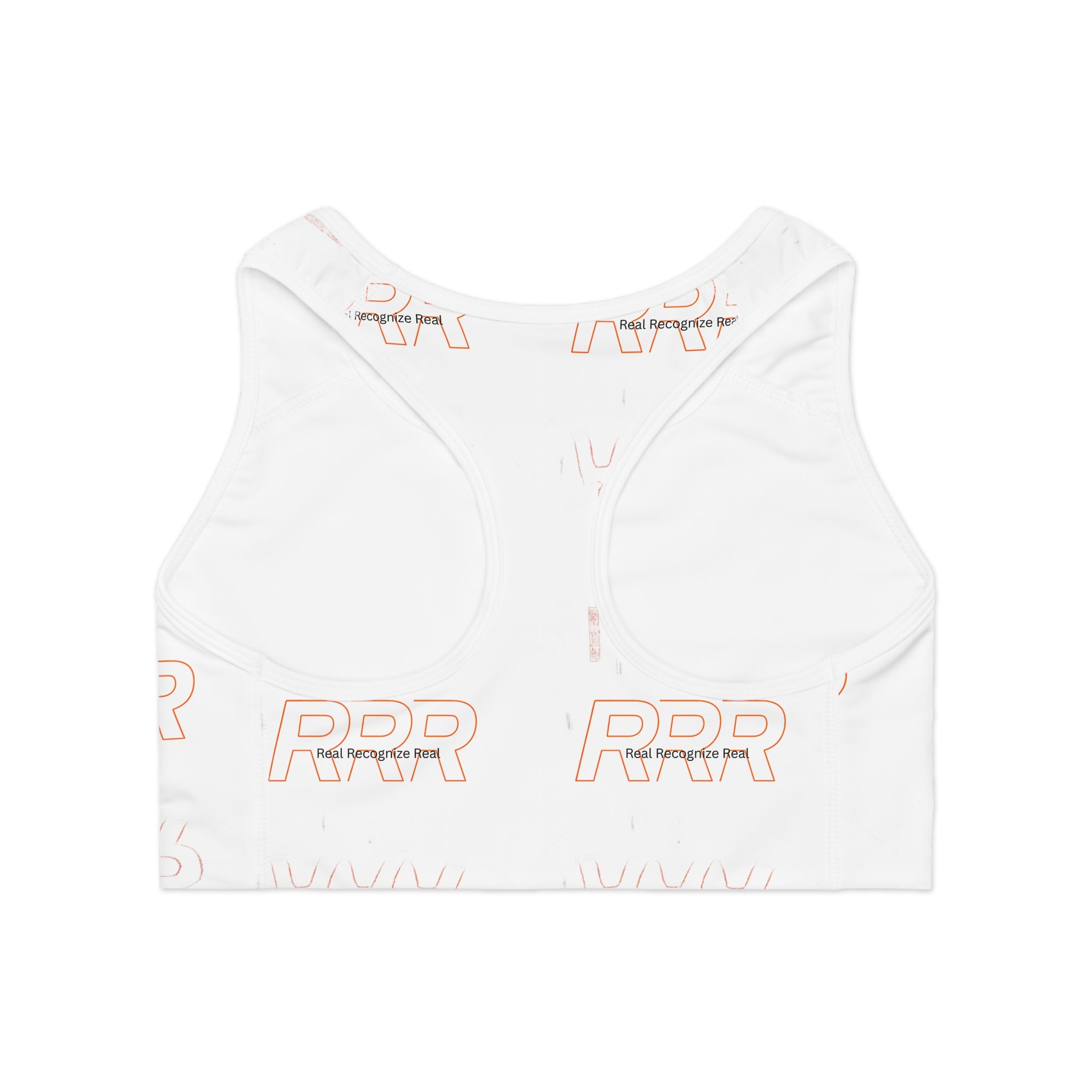 White 'PPR' Logo All-Over-Print Sports Bra — Lightweight Athletic Crop Top [REAL RECOGNIZE REAL]