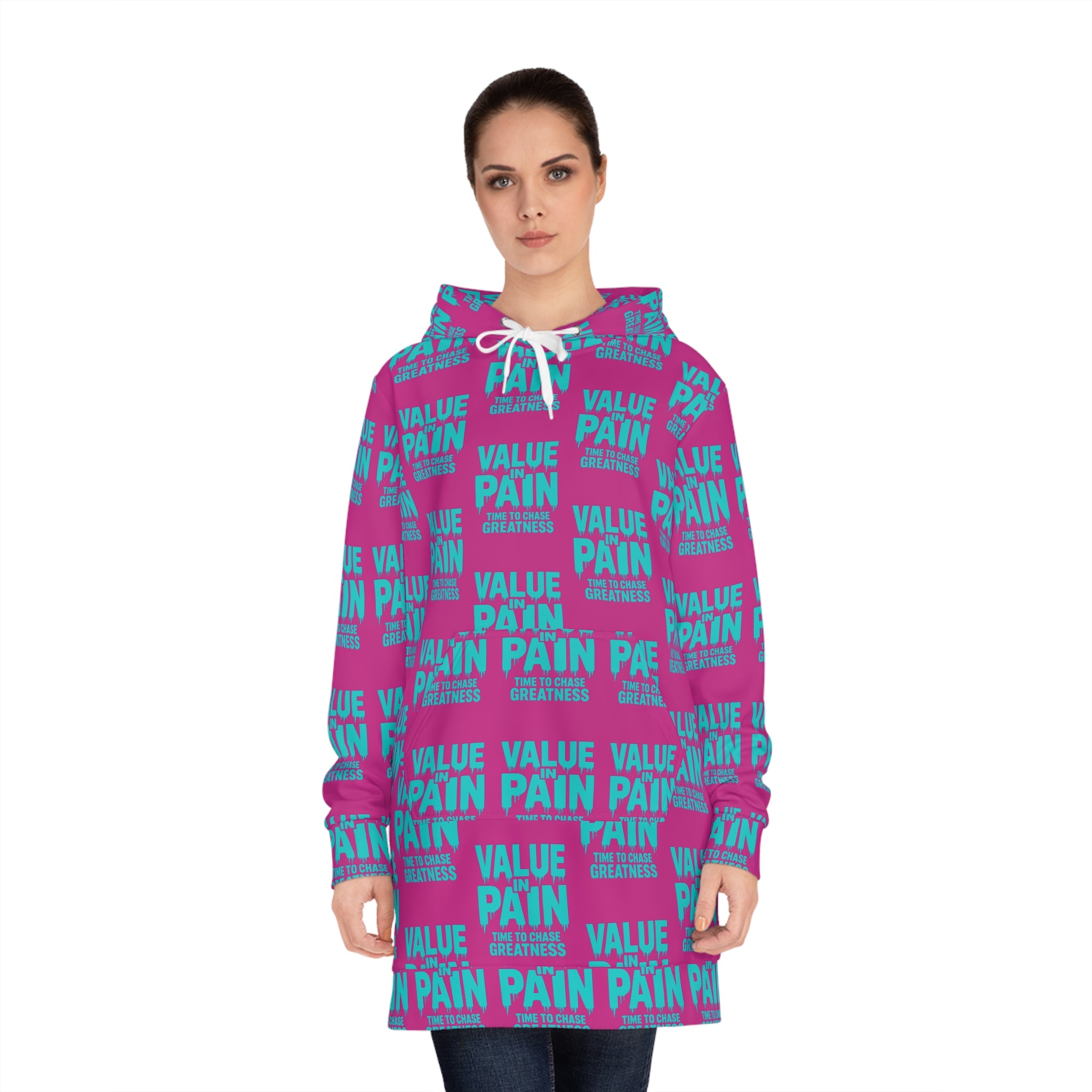 Hoodie Dress — Bold "Value Pain" All-Over Print