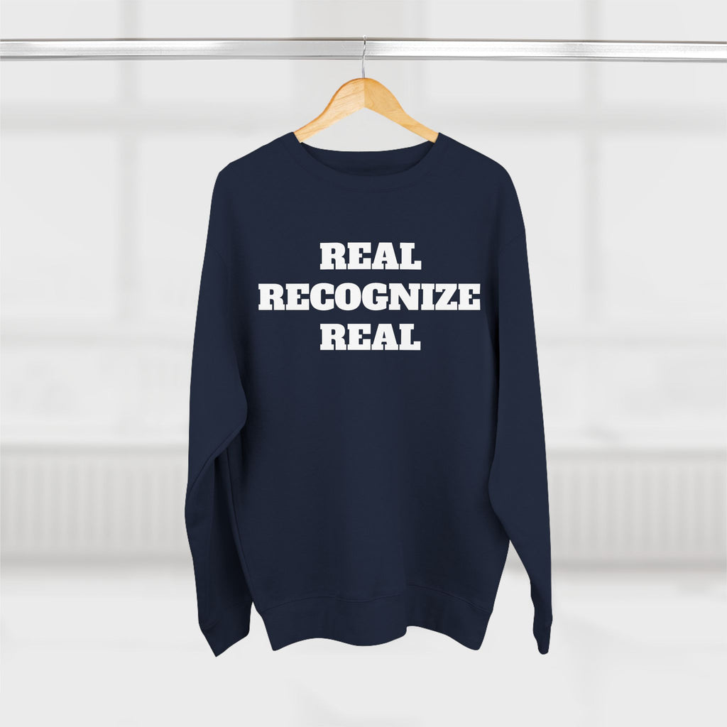 Crewneck Sweatshirt — "Real Recognize Real" Retro Triple R Graphic
