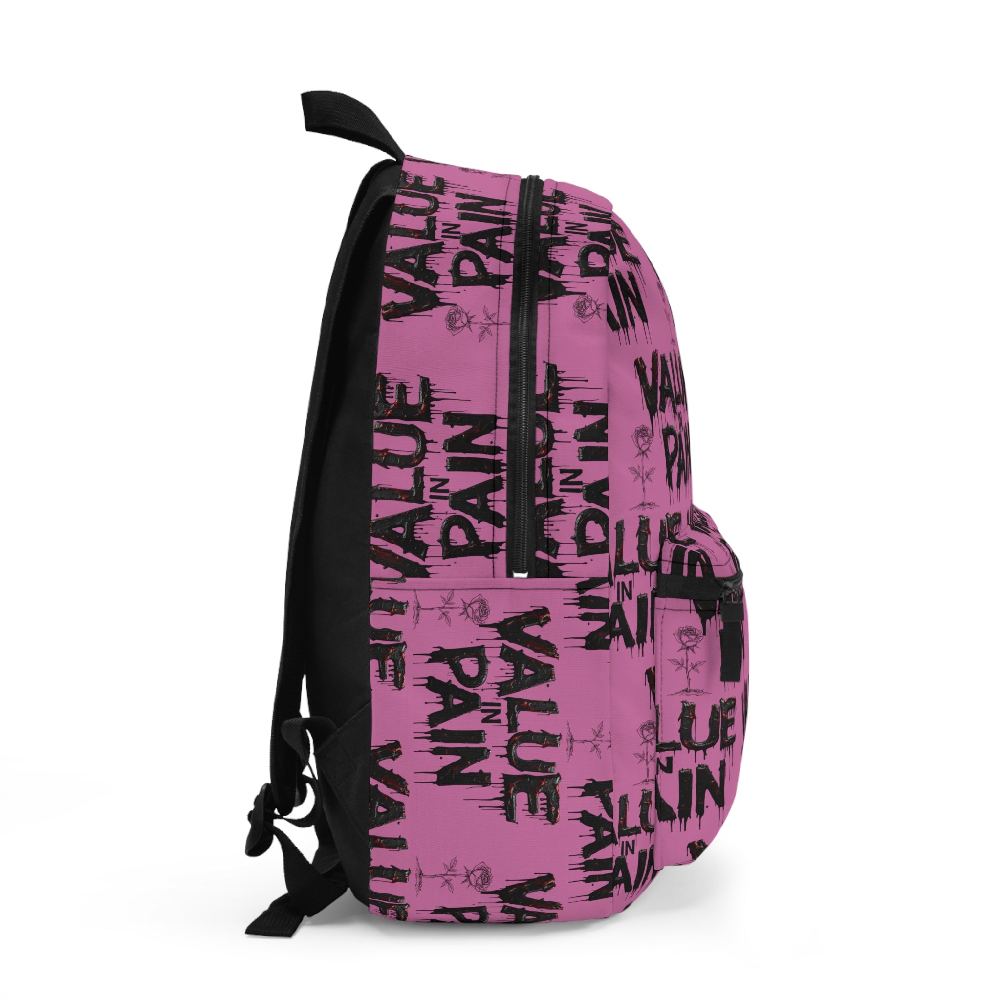 Value In Pain Pink Graphic Backpack — Edgy All-Over Print School Bag