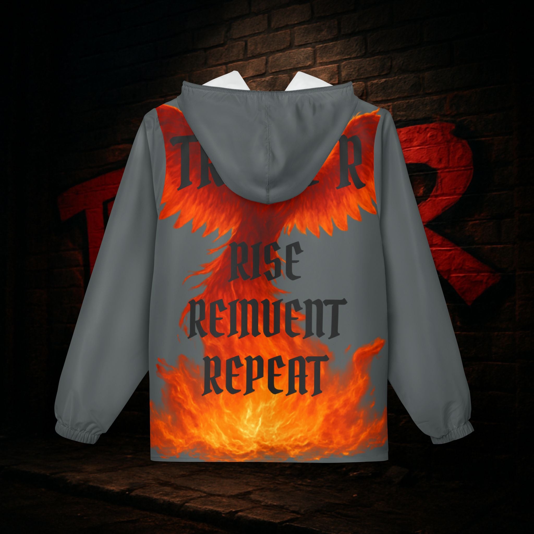 Windbreaker Jacket — RRR Phoenix Design “Rise Remove Repeat” Flame Hooded Windbreaker