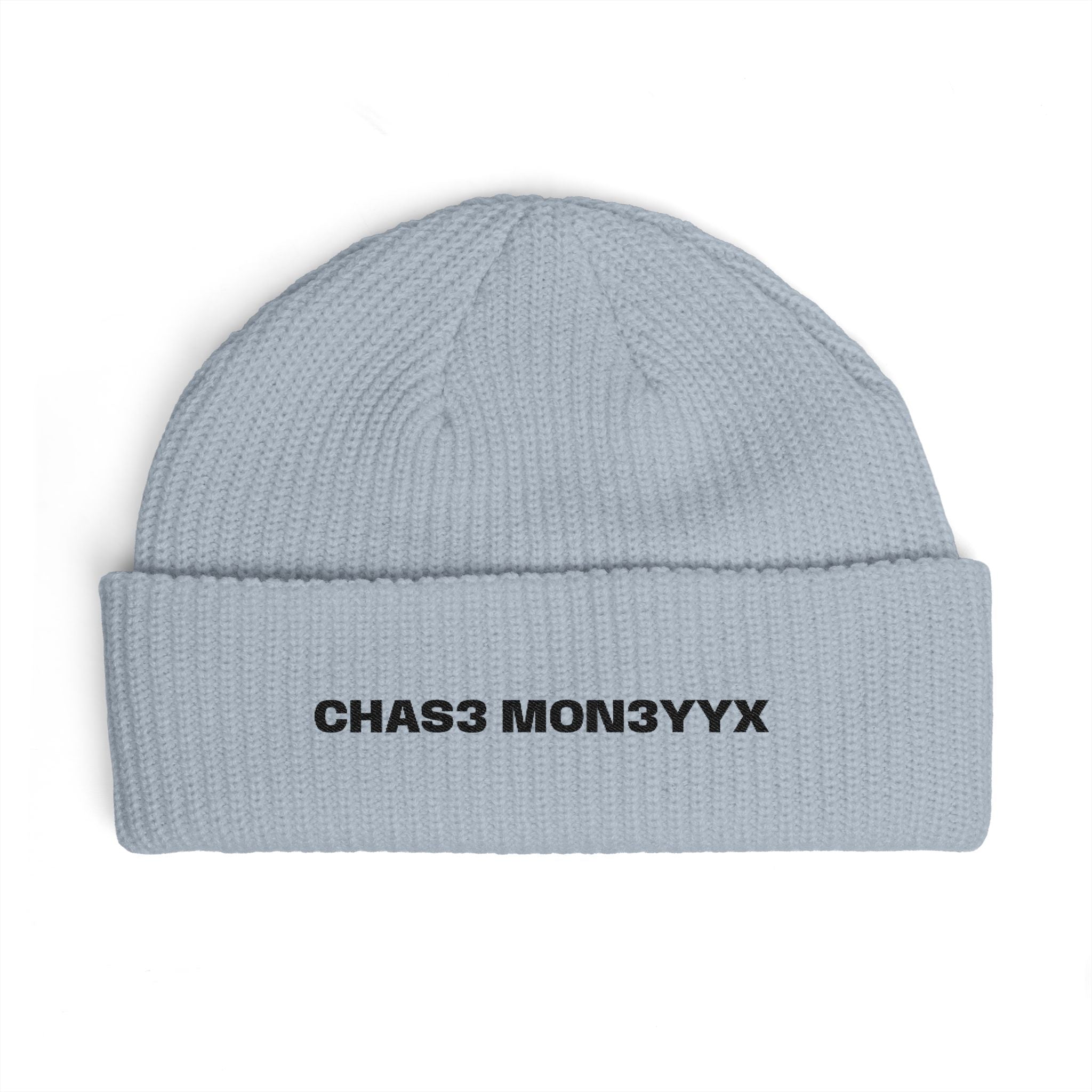Embroidered Cuff Beanie — "CHAS3 MON3YYYX" Knit Hat