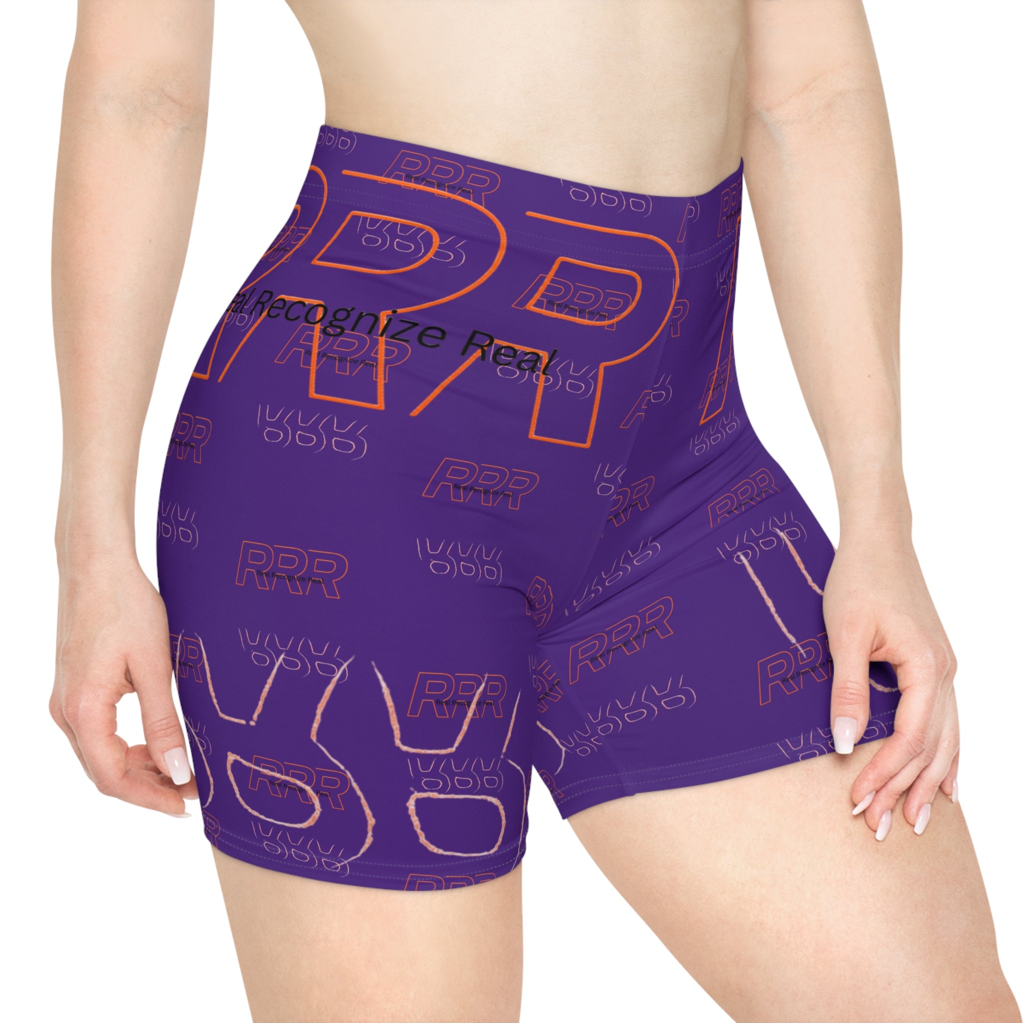 Purple Graphic 'RRR' Biker Shorts — Bold Retro Logo All-Over Print