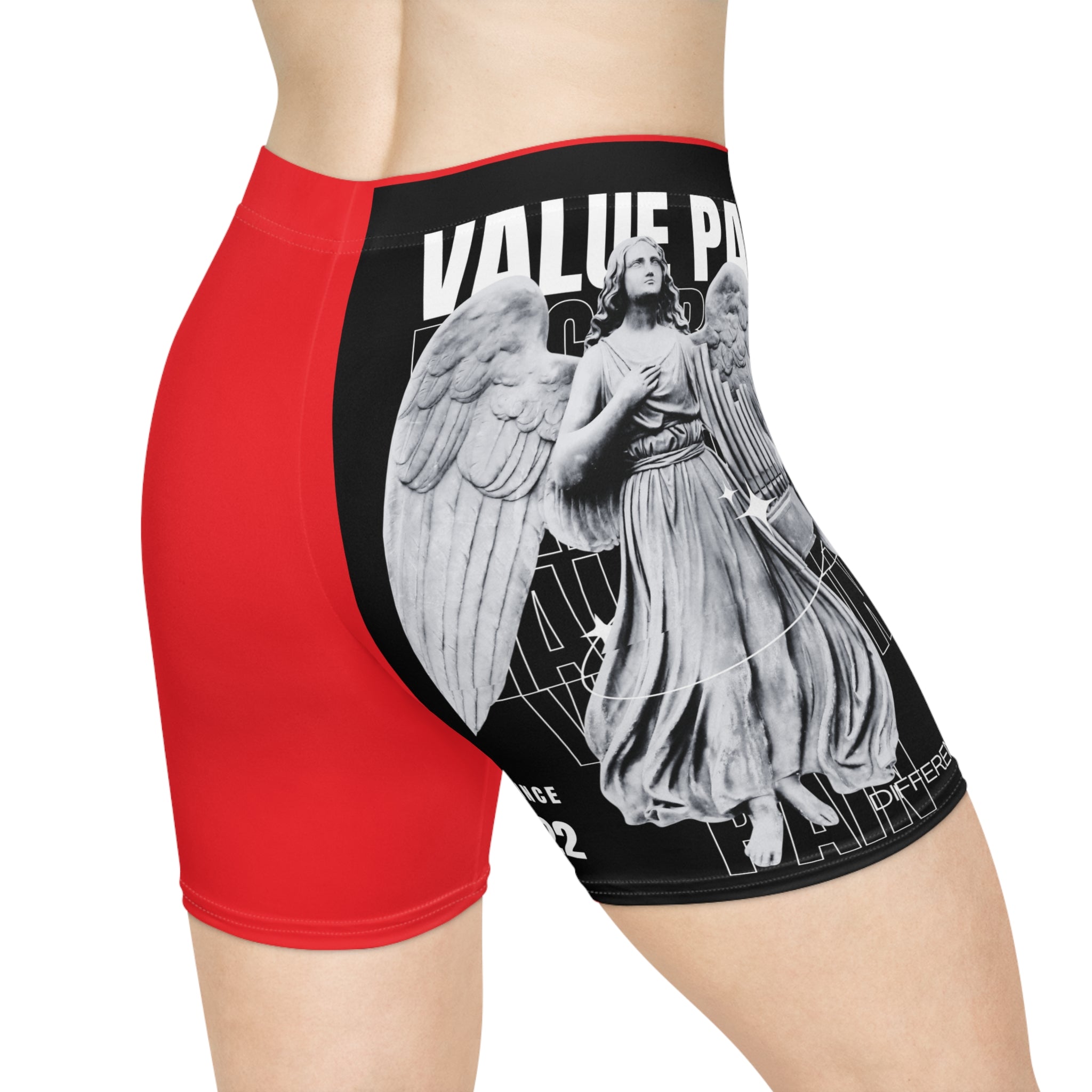 Angel Statue 'Value of Pain' Women's Biker Shorts — Red & Black Graphic