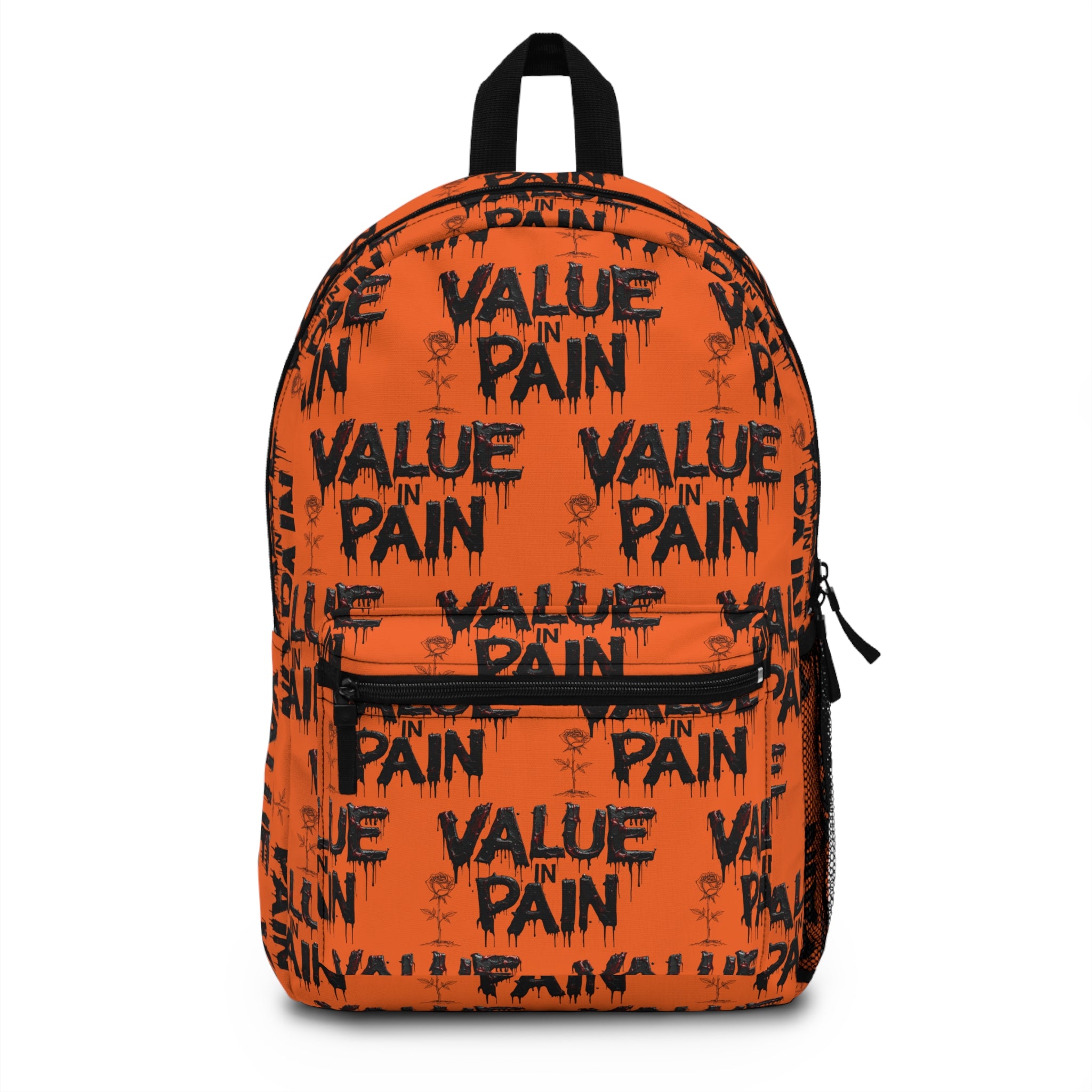 Backpack — Orange "Value in Pain" Graphic Backpack, Edgy Streetwear School Bag