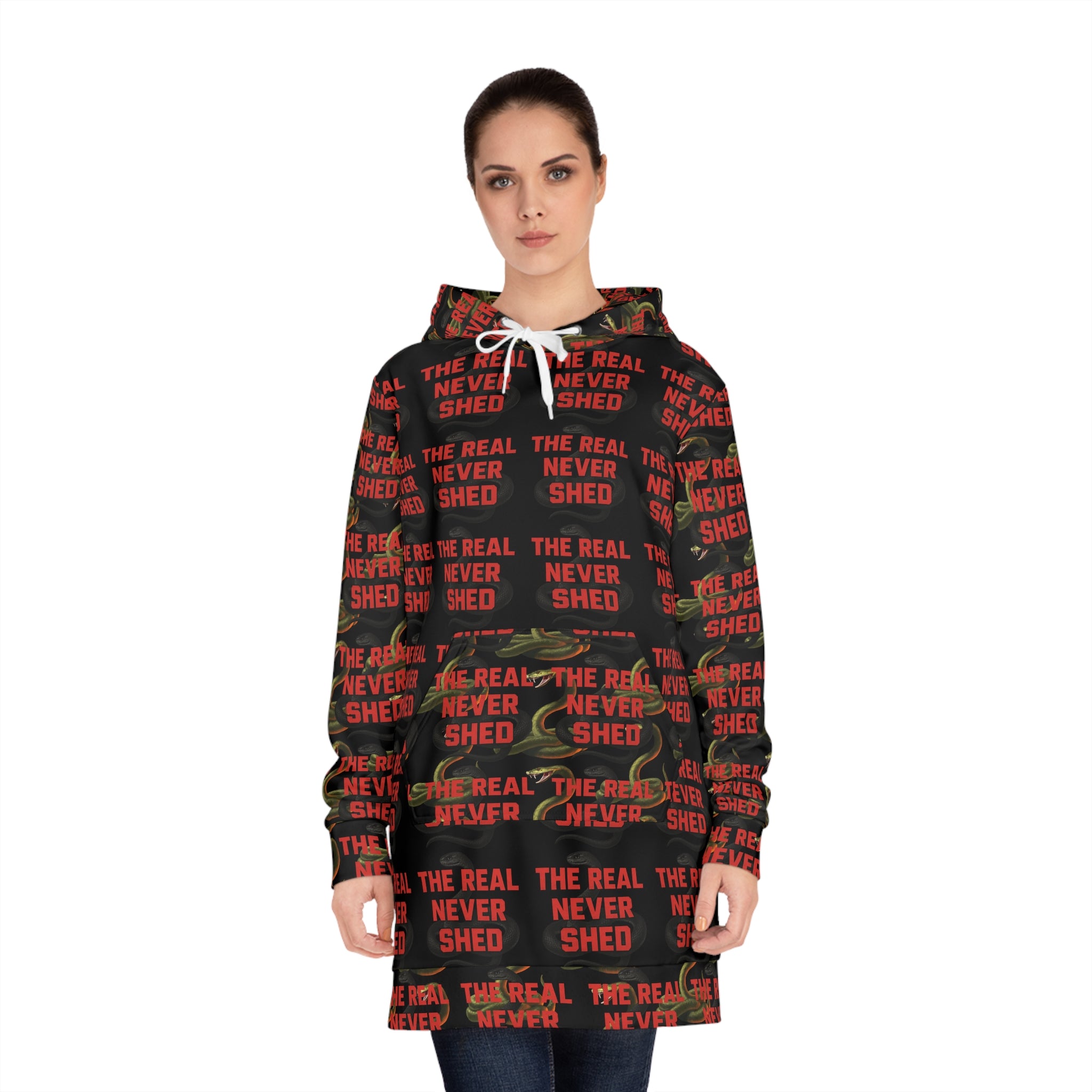 Women's Hoodie Dress — 'The Real Never Shed' All-Over Print Cozy Streetwear
